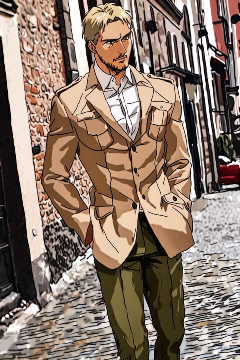 solo male, Reiner Braun, Attack on Titan, blond hair, short hair, stubble, hazel eyes, tall, Marleyan soldier uniform, white collared shirt, light-brown trench coat, open coat, military green pants, black combat boots,  handsome, charming, alluring, standing, upper body, perfect anatomy, perfect proportions, best quality, masterpiece, high_resolution, dutch angle, cowboy shot, photo background