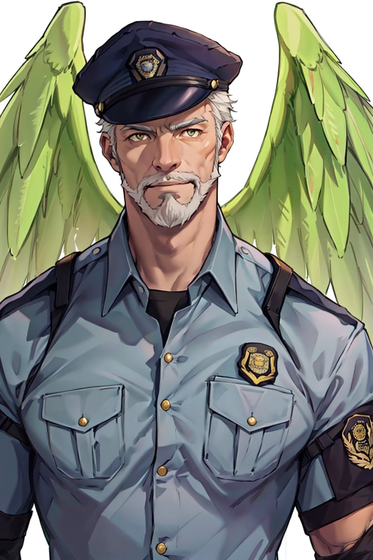 (1 image only), solo male, bara, Hogen, Tokyo Afterschool Summoners, Asain, Japanese, Tengu, old man, white hair, short hair, gold eyes, thick eyebrows, white facial hair, white beard, Japanese police uniform, Japanese police hat, aqua-color collared shirt, aqua-color sleeves, mature, handsome, charming, alluring, standing, upper body in frame, perfect anatomy, perfect proportions, 2D, anime, (best quality, masterpiece), (perfect eyes, perfect eye pupil), high_resolution, dutch angle, (Tokyo city street), better_hands, green wings