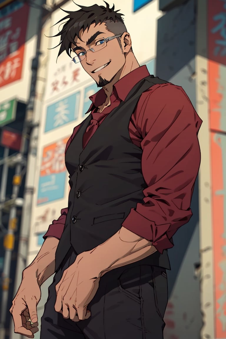 (1 image only), solo male, Jay Chiang, Great Pretender Razbliuto, Asian, Taiwanese, modern Taipei city, 2d, anime, flat, black hair, short hair, high fade, goatee, thick eyebrows, brown eyes, silver glasses, (pure red collared shirt, red sleeves rolled up), silver necktie, black vest,pants, socks, leather shoes, smile, mature, handsome, charming, alluring, standing, upper body, perfect anatomy, perfect proportions, (best quality, masterpiece), (perfect eyes:1.2), perfect hands, high_resolution, dutch angle, cowboy shot