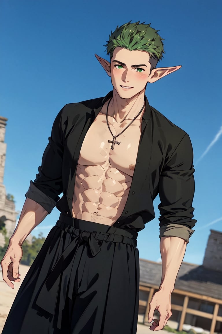 solo male, Kraft\(Frieren: Beyond Journey's End\), elf, masculine, manly, clergy, (olive green hair), short hair, undercut, multicolored hair, green eyes, pointed ears, BREAK (black above-knee-length-cassock, black cassock, widely open cassock, open clothing, collarbone, abs, pecs), (wide black pants), (white puttee\(legwraps\):1.2), brown shoes, necklace, mature, handsome, charming, alluring, smile, blush, standing, upper body, perfect anatomy, perfect proportions, best quality, masterpiece, high_resolution, dutch angle, cowboy shot, photo background,Kraft