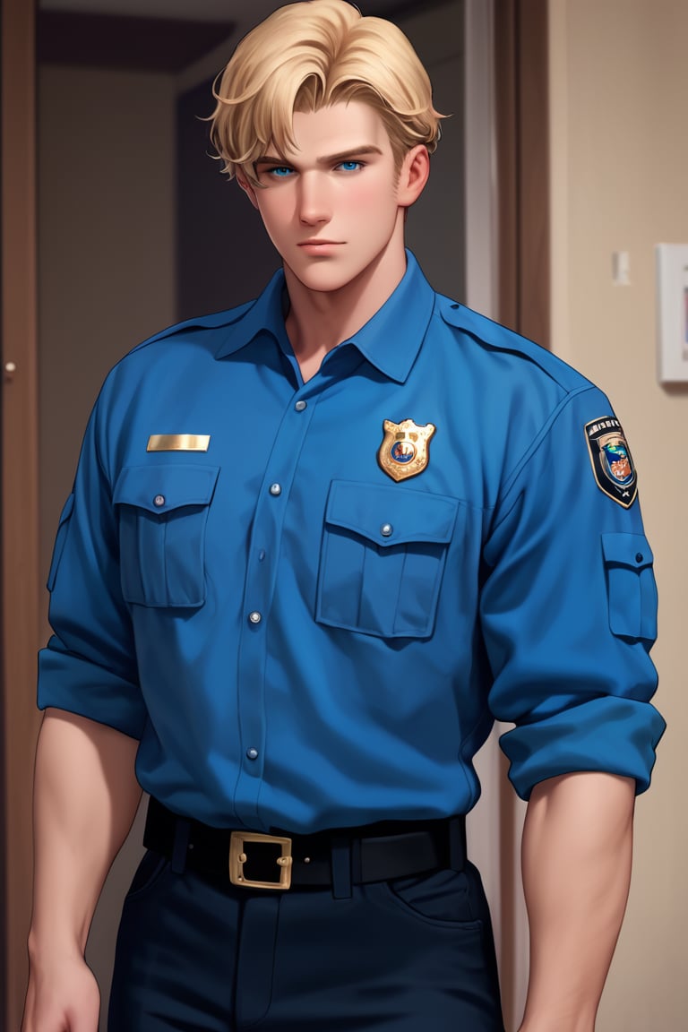 score_9,score_8_up,score_7_up, solo male, Lewis Smith, (blond hair), short hair, sideburns, blue eyes, (American police uniform, black collared shirt, black pants), (upperbody), cowby shot, dutch angel, mature, handsome, charming, alluring, masculine,manly, hunk, look at viewer, perfect anatomy, perfect proportions, best quality, masterpiece, high_resolution, photo background, cinematic still, gorgeous, outdoor