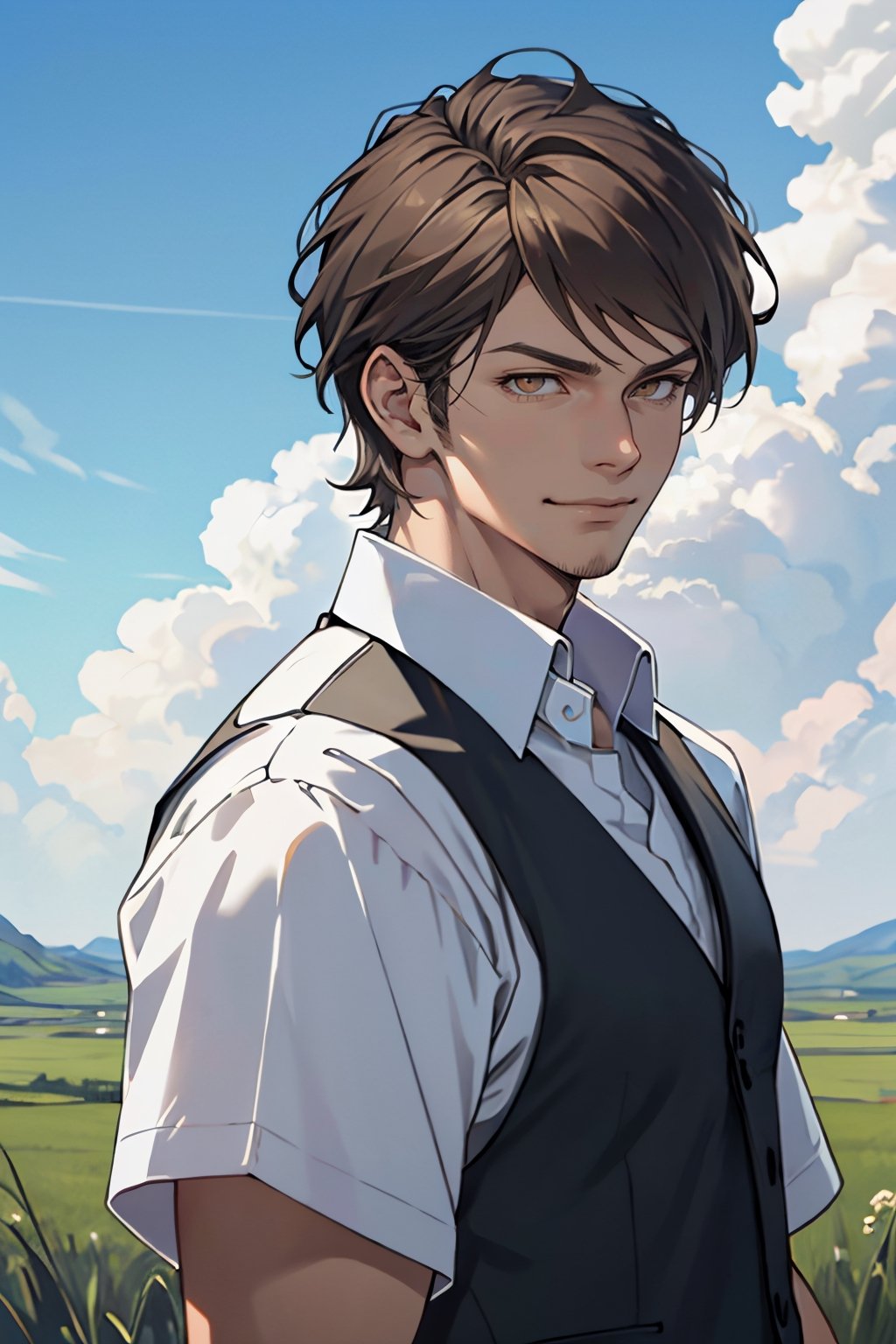 jean_kirstein, brown hair, (short hair:1.2), (light brown eyes, normal size eyes), almond-shaped eyes, slender eyes, wearing pure white collared shirt, black vest, youthful, handsome, charming, alluring, arrogant, smirk, (standing), (upper body in frame), simple background, green plains, cloudy blue sky, perfect light, only1 image, perfect anatomy, perfect proportions, perfect perspective, 8k, HQ, (best quality:1.5, hyperrealistic:1.5, photorealistic:1.4, madly detailed CG unity 8k wallpaper:1.5, masterpiece:1.3, madly detailed photo:1.2), (hyper-realistic lifelike texture:1.4, realistic eyes:1.2), picture-perfect face, perfect eye pupil, detailed eyes, realistic, HD, UHD, (front view:1.2), portrait, looking outside frame