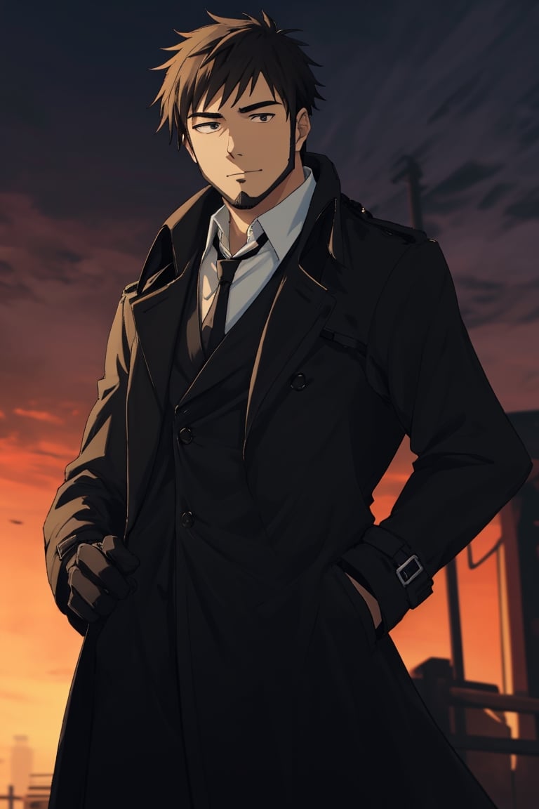 solo male, Genma Shizume, Asian, Japanese, black hair, chinstrap beard, sideburns, black eyes, calm eyes, slitty eyes, (white collared shirt, black necktie, black jacket:1.3), (brown trench coat, open trench coat:1.3), black pants, black gloves, mature, masculine, handsome, charming, allurin, smile, standing, upper body, hand on waist, perfect anatomy, perfect proportions, (best quality, masterpiece, high_resolution:1.3), perfect eyes, dutch angle, cowboy shot