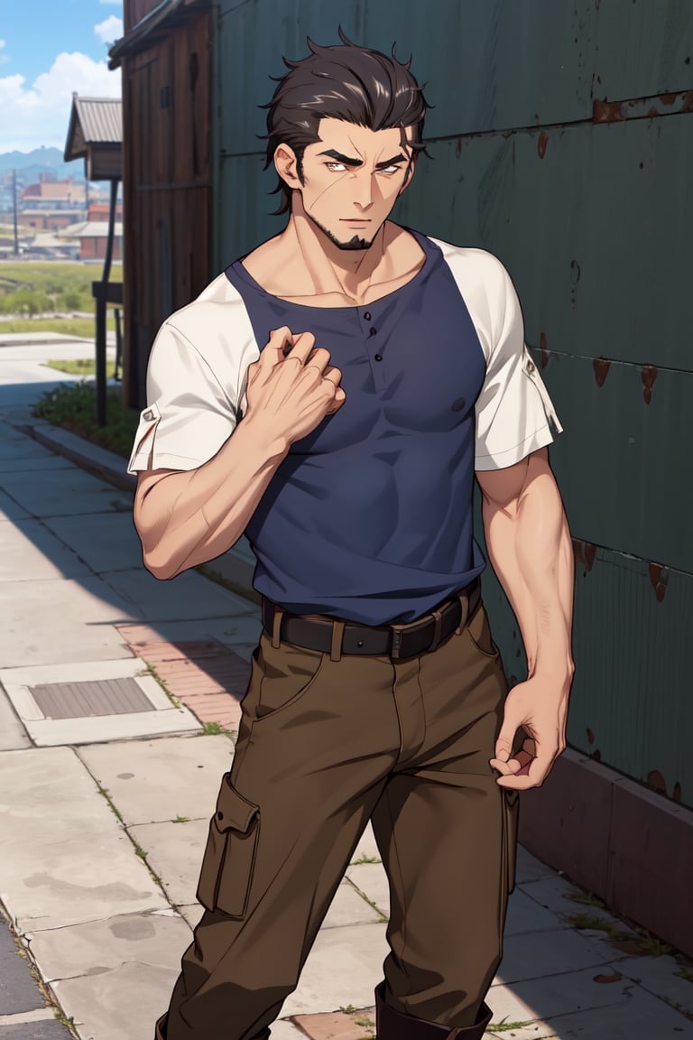 (1 image only), solo male, Kaburagi, Deca Dence, greying black hair, slicked back hair, thick eyebrows, sideburns, goatee, green eyes, scar, tucked-in wide necked short-sleeved white shirt, sleeves tucked up and buttoned, short sleeves, olive wide worker pants, black belt tied, brown boots. simplpe leather bracelet, toned male, mature, handsome, charming, alluring, standing, hand on waist, perfect anatomy, perfect proportions, best quality, masterpiece, high_resolution, dutch angle, outdoors, day, blue sky, science fiction, citadel on sky, photo background, better_hands, (perfect hand, perfect fingers:1.4)