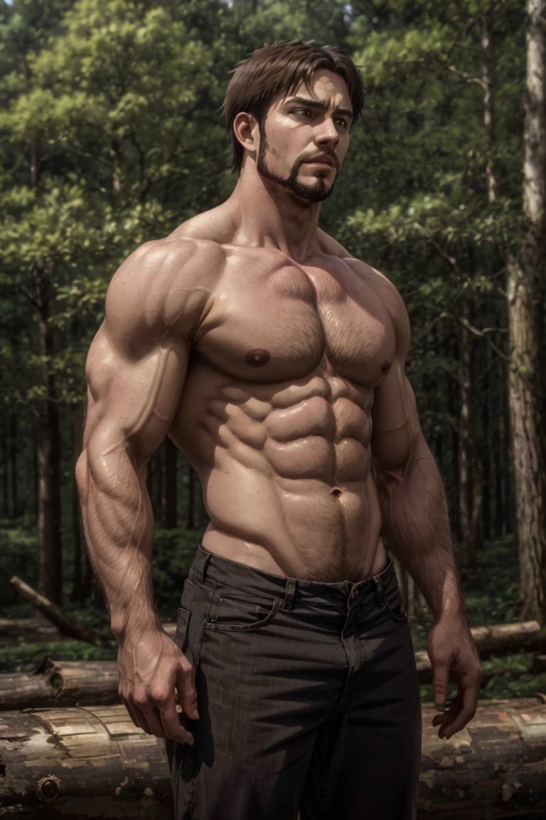 solo male, Artur Braus, Attack on Titan Anime style, hunter, shaggy brown hair, brown eyes, sideburns, beard, thin goatee, topless, shirtless, black pants, mature, handsome, charming, alluring, standing, upper body, perfect anatomy, perfect proportions, best quality, masterpiece, high_resolution, dutch angle, cowboy shot, photo background, forest, log cabin
