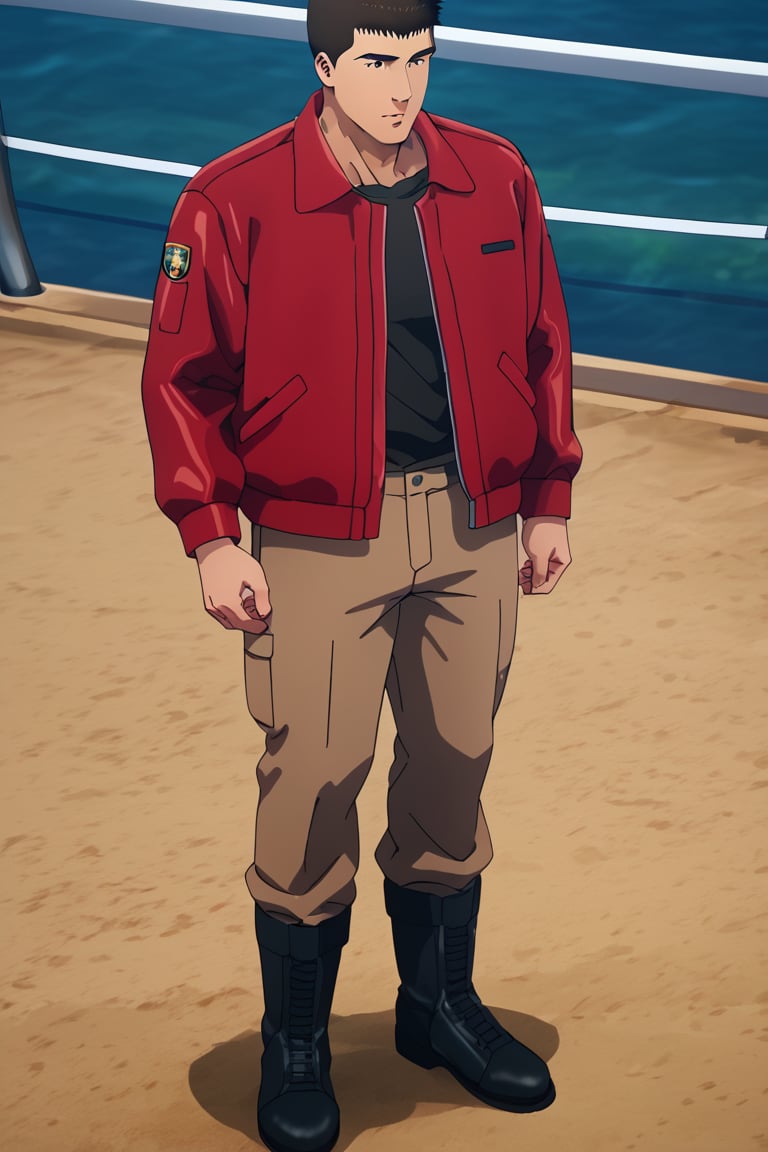 score_9,score_8_up,score_7_up, solo male, Ryuji Satake \(Brave Bang Bravern\), black hair, black eyes, black t-shirt, (red jacket, open jacket, long sleeves), brown pants, dark boots, adult, mature, masculine, manly,handsome, charming, alluring, standing, upper body, perfect anatomy, perfect proportions, best quality, masterpiece, high_resolution, dutch angle, cowboy shot