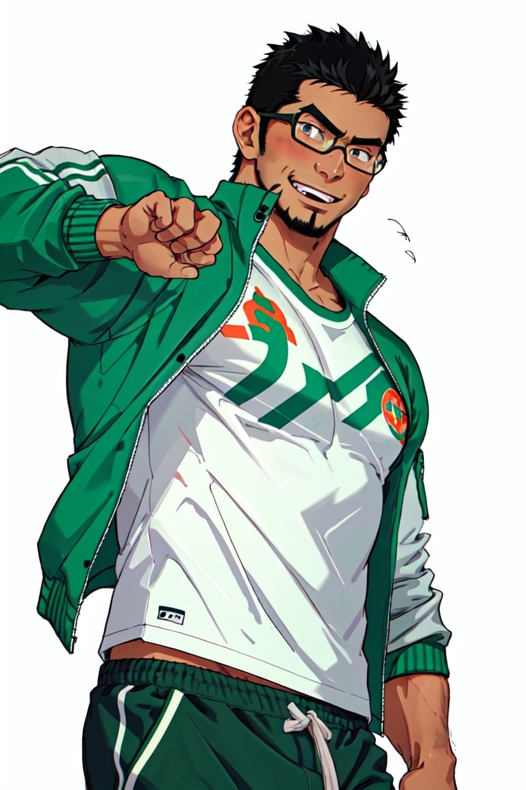 (1 image only), solo male, bara, Kyoichi Ootomo, Live A Hero, Asain, Japanese, athlete, PE teacher, short hair, black hair, green streaked hair, sideburns, black eyes, facial hair, goatee, (wore glasses), tan skin, white bandaid on nose, white t-shirt, ((pure green athletic jacket, open jacket)), grey shorts, sneakers, smile, blush, mature, handsome, charming, alluring, standing, upper body, perfect anatomy, perfect proportions, (best quality, masterpiece), (perfect eyes, perfect eye pupil), perfect hands, high_resolution, dutch angle, school sports ground,(1man),best quality