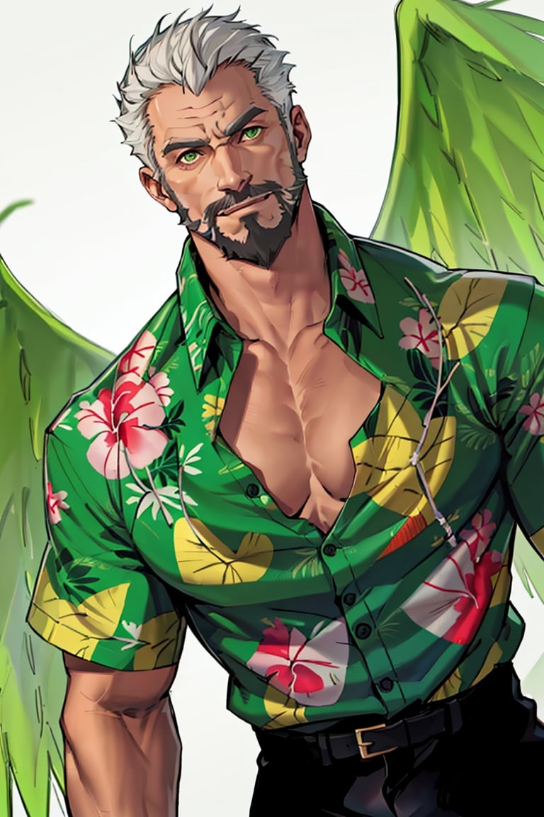 (1 image only), solo male, bara, Hogen, Tokyo Afterschool Summoners, Asain, Japanese, Tengu, old man, white hair, short hair, gold eyes, thick eyebrows, facial hair, beard, black Tokin headwear, tengu-geta, (((untucked green hawaiian shirt, partially unbuttoned shirt))), black pants, mature, handsome, charming, alluring, standing, upper body in frame, perfect anatomy, perfect proportions, 2D, anime, (best quality, masterpiece), (perfect eyes, perfect eye pupil), high_resolution, dutch angle, Tokyo city street, better_hands, green wings