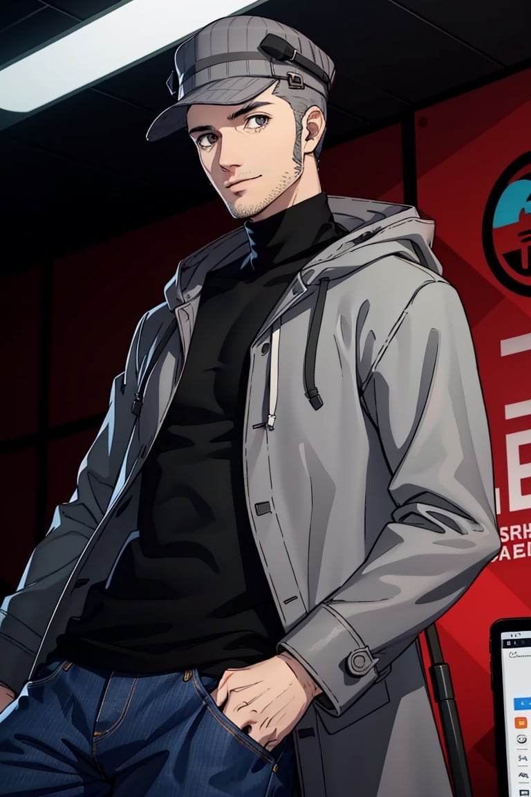 (1 image only), solo male, Munehisa Iwai,  Persona, Asian, Japanese, Weapons Dealer, grey hair, short hair, stubble, grey eyes, sideburns, gray pin-striped hat, [yellow ear defenders], black turtleneck sweater, long gray coat, open coat, coat hood down, simple blue jeans, black leather boots, mature, handsome, charming, alluring, smile, upper body, perfect anatomy, perfect proportions, (best quality, masterpiece), (perfect eyes), high_resolution, dutch angle, [cowboy shot]