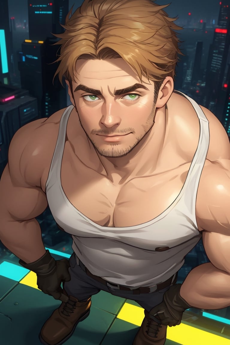 (1 image only), solo male, Gagumber, Sakugan, physical laborer worker, brown hair, two-tone hair, stubble, green eyes, thick eyebrows, ((white tank top)) , bare shoulder, bare neck, green work pants, black boots, black gloves, mature, handsome, charming, alluring, smile, ((portrait, close-up)), perfect anatomy, perfect proportions, high_resolution, dutch angle, detailed background, cyberpunk city