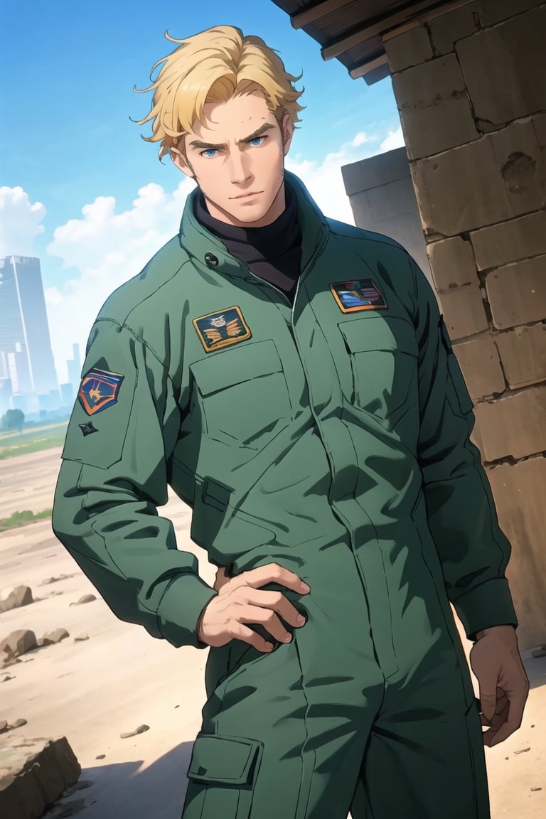solo male, Lewis Smith \(Bang Brave Bang Bravern\), blond hair, short hair, blue  eyes, grey military pilot jumpsuit, black boots, mature, handsome, charming, alluring, standing, upper body, perfect anatomy, perfect proportions, best quality, masterpiece, high_resolution, dutch angle, cowboy shot, photo background,Lewis Smith