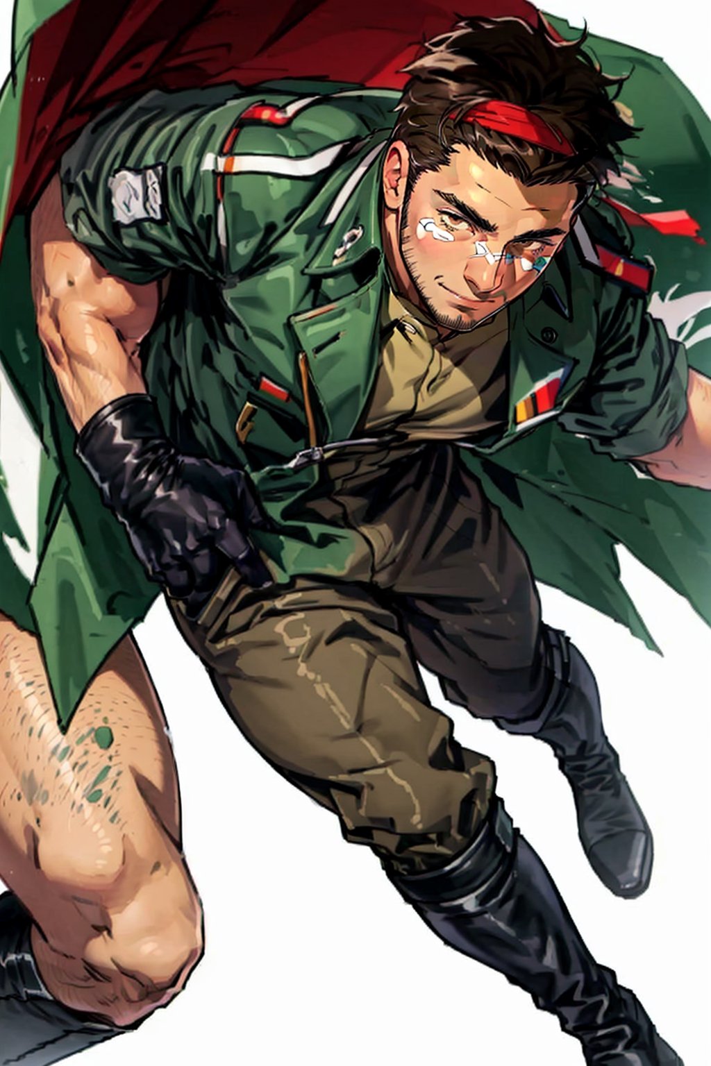 (1 image only), (solo male), 1boy, Sadik Adnan, Turkey, Hetalia: Axis Powers, Turkish male, olive-skinned, facial hair, chinstrap stubble, sideburns, (clean face), brown eyes, brown hair, short hair, grin, long green military trench coat, brown pants, knee-high boots, black gloves, handsome, mature, charming, alluring, full body, perfect anatomy, perfect proportions, 8k, HQ, (best quality:1.2, hyperrealistic:1.2, photorealistic:1.2, masterpiece:1.3, madly detailed photo:1.2), (hyper-realistic lifelike texture:1.2, realistic eyes:1.2), high_resolution, perfect eye pupil, dutch angle, perfecteyes, Hagia sophia loction, building, 2d, flat, cartoon, better_hands, perfecteyes