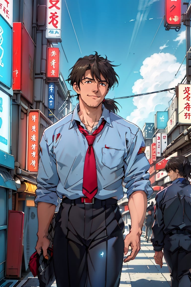 (1 image only), solo male, Ryoji Kaji, Neon Genesis Evangelion style, Asian, Japanese, dark brown hair, bangs, short ponytail, dark brown eyes, (thin stubble), pure blue collared shirt, red sleeves rolled up, necktie, black pants, smile, (mature, masculine), handsome, charming, alluring, perfect anatomy, perfect proportions, (best quality, masterpiece), ((perfect eyes, perfect eye pupil)), perfect hands, high_resolution, dutch angle, standing, (simple blue ocean background, simple blue sky, sunny), walking, (black jacket over shoulder), Tokyo-3, cyberpunk, neon-lit cityscapes, futuristic