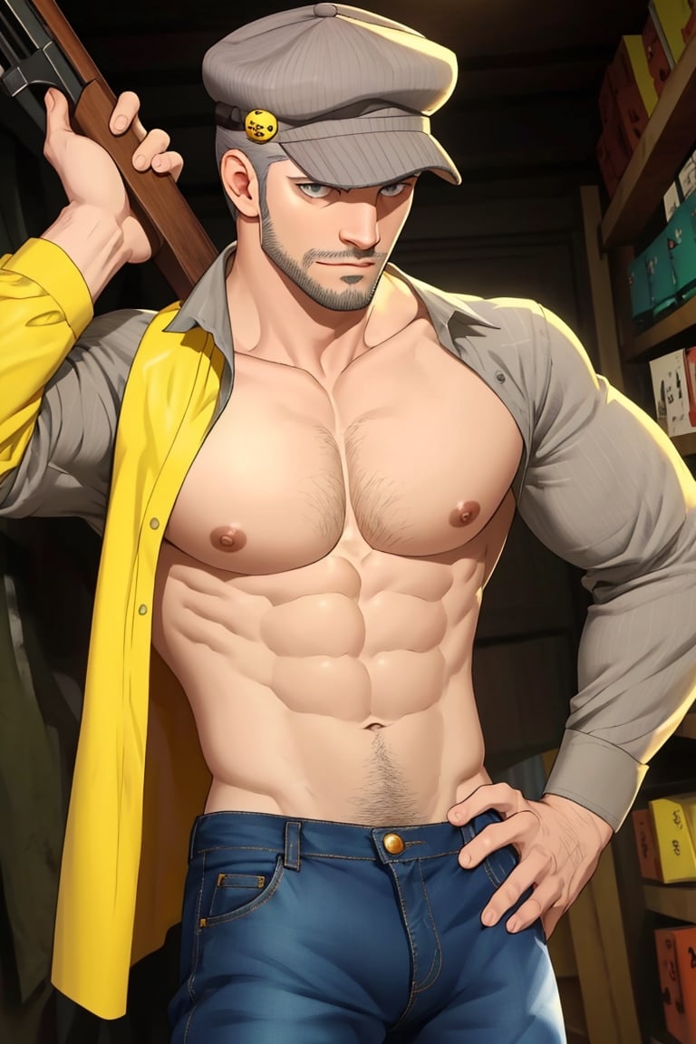 (1 image only), solo male, Munehisa Iwai,  Persona, Asian ,Japanese, Weapons Dealer, grey hair, short hair, stubble, grey eyes, sideburns, gray pin-striped hat with yellow ear defenders, complete topless, shirtless, open fly, simple blue jeans, black leather boots, mature, handsome, charming, alluring, upper body, perfect anatomy, perfect proportions, (best quality, masterpiece), (perfect eyes), high_resolution, dutch angle, cowboy shot  ,Munehisa Iwai