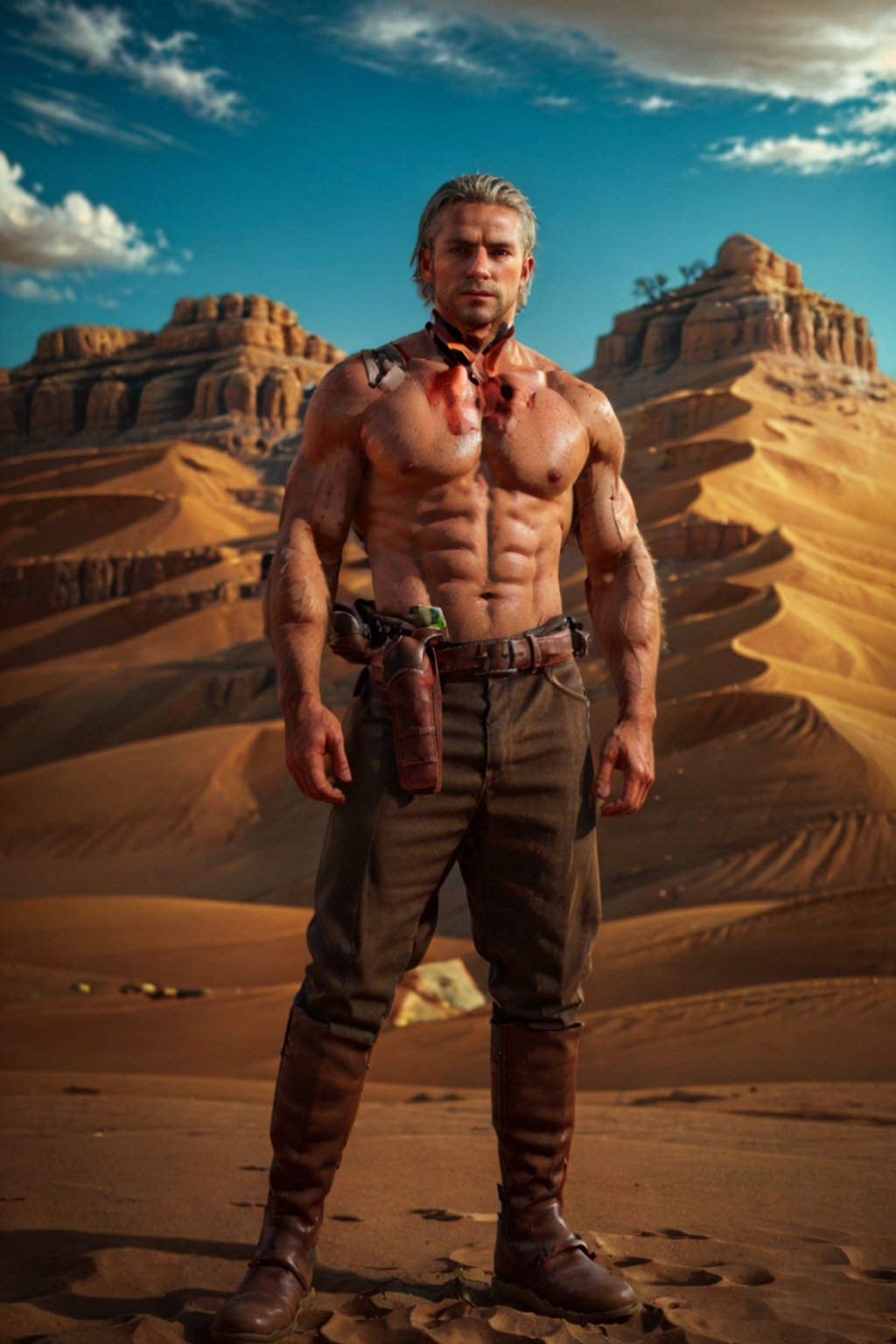 1boy, solo, Revolver Ocelot, 40 years old, grey eyes, white hair, stubble, (complete topless, shirtless:1.4), dark brown canvas pants, knee-high cowboy boots with spurs, red gloves, handsome, mature, masculine, virile, confidence, charming, alluring, upper body in frame, (Afghanistan desert:1.3), sky, perfect anatomy, perfect proportions, 8k, HQ, (best quality:1.5, hyperrealistic:1.5, photorealistic:1.4, madly detailed CG unity 8k wallpaper:1.5, masterpiece:1.3, madly detailed photo:1.2), (hyper-realistic lifelike texture:1.4, realistic eyes:1.2), high_resolution, picture-perfect face, perfect eye pupil, detailed eyes, perfecteyes, dutch angle 