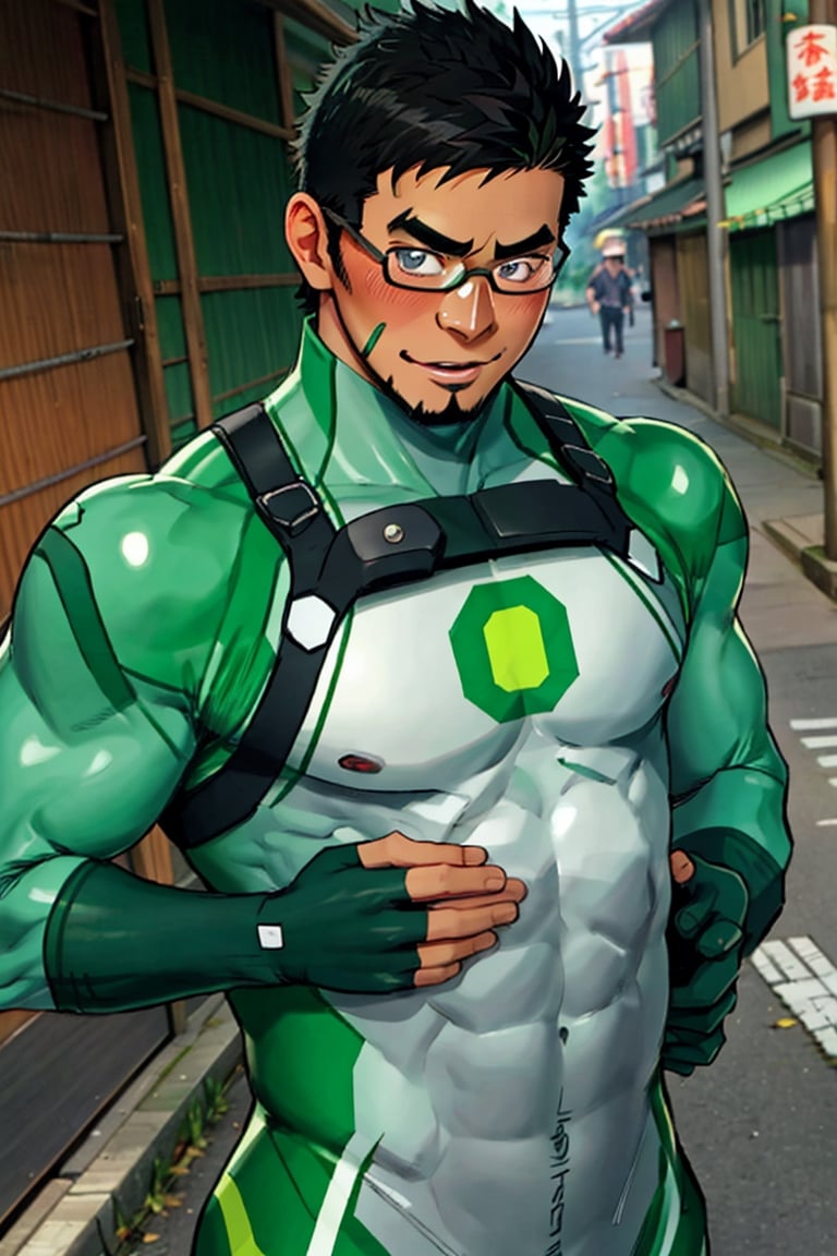 (1 image only), solo male, bara, Kyoichi Ootomo, Live A Hero, Asian, Japanese, hero, short hair, black hair, green streaked hair, sideburns, black eyes, facial hair, goatee, (wore glasses), tan skin, white bandaid on nose, goggles, grey&green bodysuit, skin tight, green fingerless gloves, smile, blush, mature, handsome, charming, alluring, standing, upper body, perfect anatomy, perfect proportions, (best quality, masterpiece), (perfect eyes, perfect eye pupil), perfect hands, high_resolution, dutch angle, Japanese city street