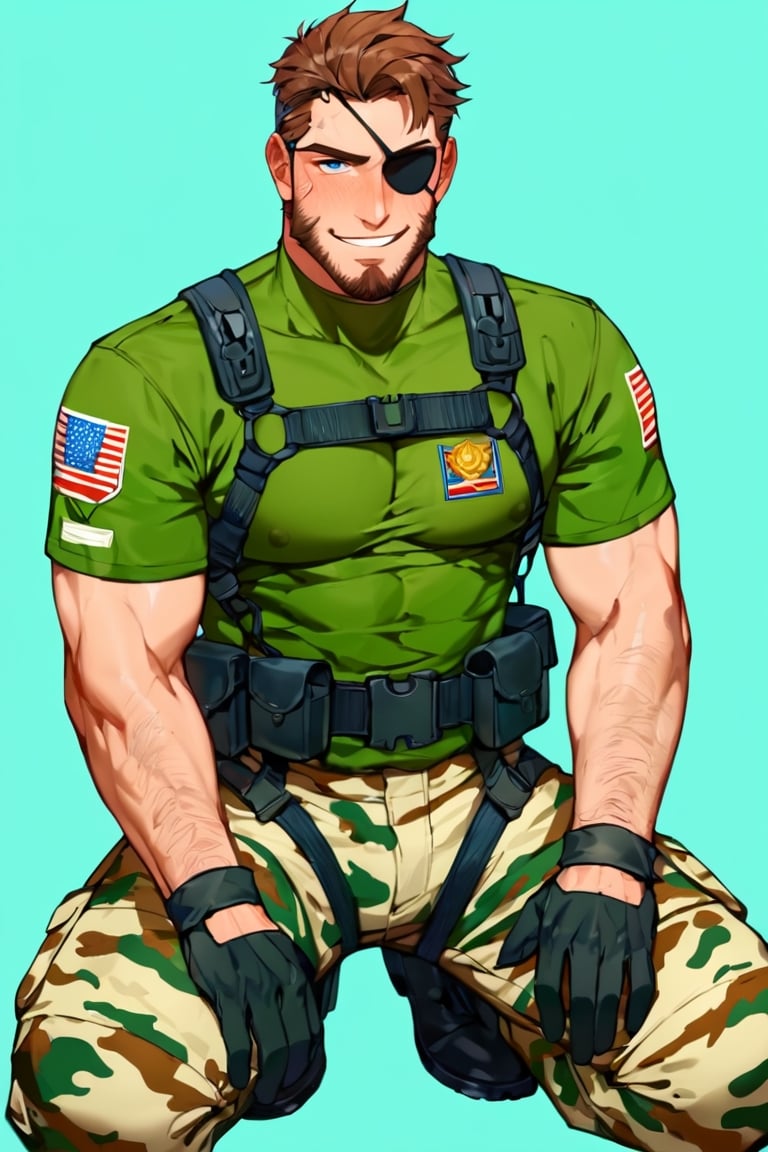 Gay man,  score_9,score_8_up,score_7_up, male receiver Big Boss, blue eyes, left eyepatch, brown hair, facial hair, full beard, camo fatigues, uniform fatigues, gloves, military harness, belt, perfect anatomy, kneeling, blush, smirk awkward, innocent face, look up, BREAK (surrounded by many men, surrounded by multiple male lower body in pants:1.5), (covered crotch), spread legs,masterpiece, hands on knee