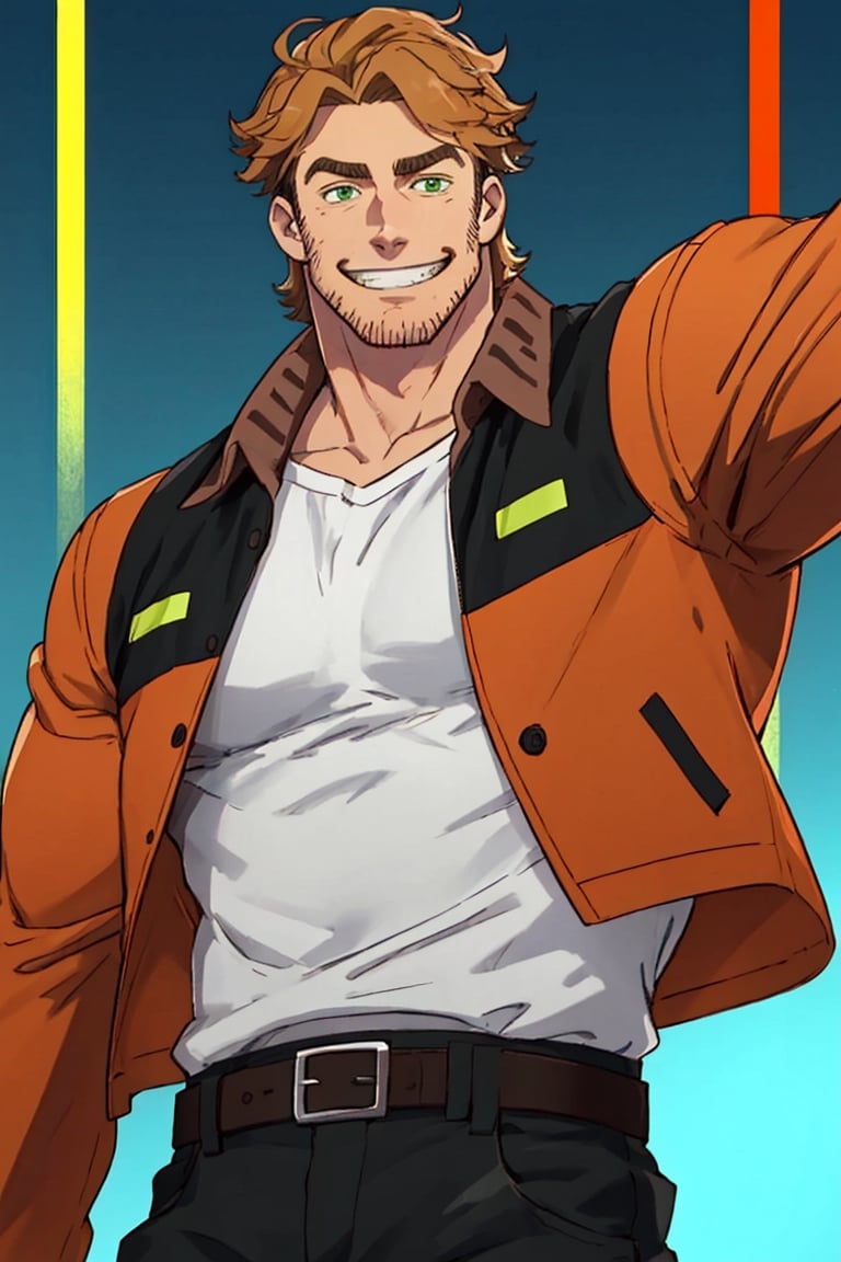 (1 image only), solo male, Gagumber, Sakugan, anime, 2d, flat, physical laborer worker, biology teacher, brown hair, two-tone hair, stubble, sideburns, green eyes, thick eyebrows, white tank top, orange High-visibility jacket, open jaket, green work pants, black boots, black gloves, mature, handsome, charming, alluring, grin, standing, upper body, perfect anatomy, perfect proportions, best quality, masterpiece high_resolution, dutch angle, cowboy shot