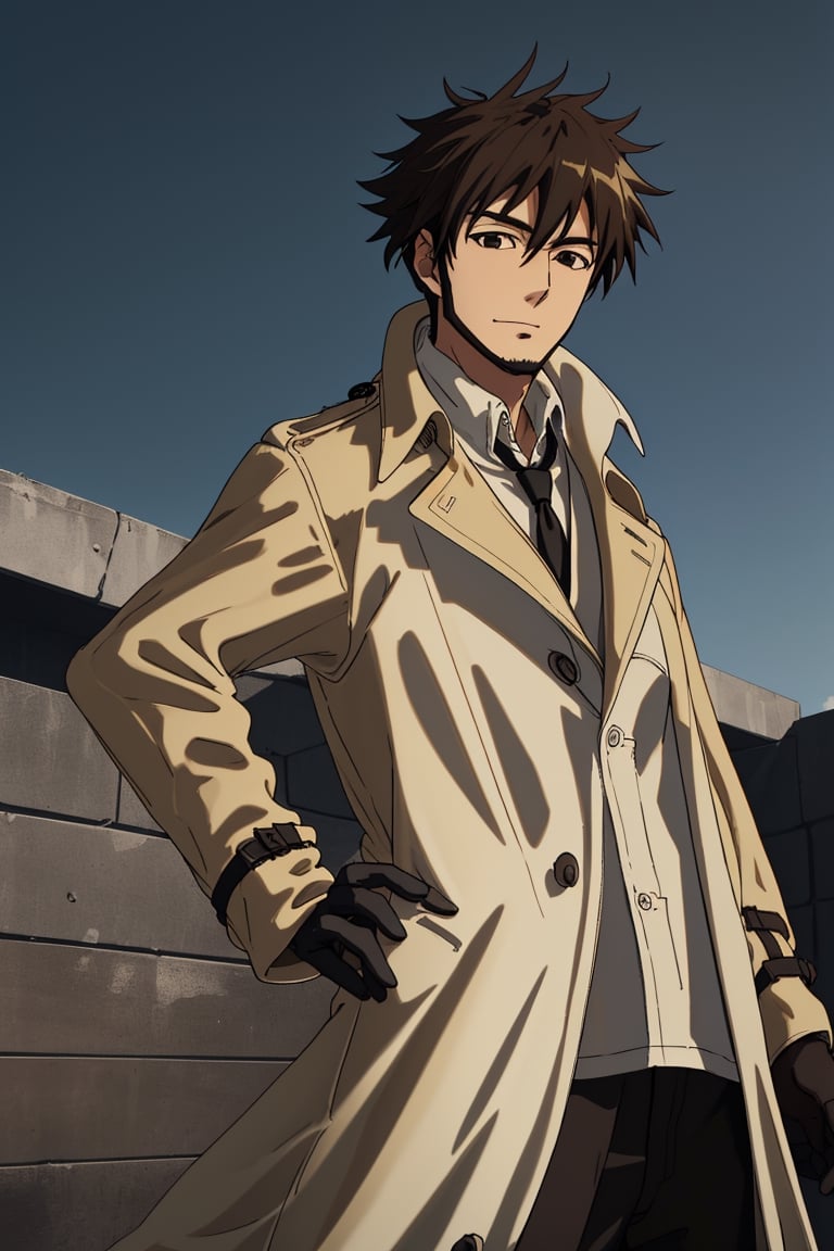 solo male, Genma Shizume, Asian, Japanese, black hair, chinstrap beard, sideburns, black eyes, calm eyes, slitty eyes, white collared shirt, black necktie, (black jacket:1.3), (brown trench coat, open trench coat:1.4), black pants, black gloves, mature, masculine, handsome, charming, allurin, smile, standing, upper body, hand on waist, perfect anatomy, perfect proportions, (best quality, masterpiece, high_resolution:1.3), perfect eyes, dutch angle, cowboy shot