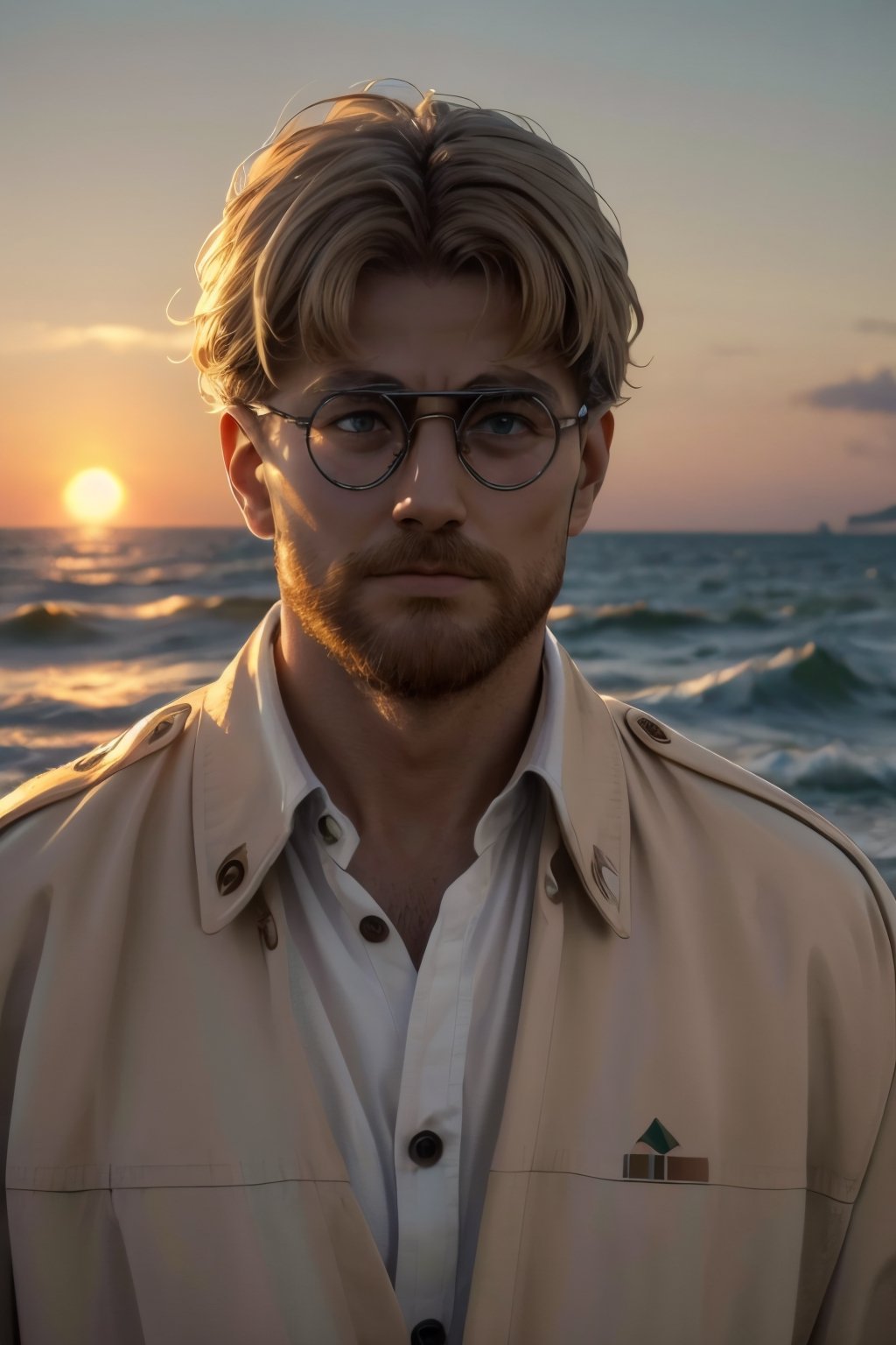Zeke Yeager, blonde hair, grey-blue eyes, glasses, beard, fit body, (wearing pure white collared shirt, button up shirt:1.3), (unbutton open brown trench coat, military green pants, black combat boots:1.2), show chest shirt, mature, DILF, masculine, virile, charming, alluring, calm eyes, (standing), (upper body in frame), simple background(1910s harbor, sunset on ocean, endless ocean, nightfall), backlight, orange sky, perfect light, only1 image, perfect anatomy, perfect proportions, perfect perspective, 8k, HQ, (best quality:1.5, hyperrealistic:1.5, photorealistic:1.4, madly detailed CG unity 8k wallpaper:1.5, masterpiece:1.3, madly detailed photo:1.2), (hyper-realistic lifelike texture:1.4, realistic eyes:1.2), picture-perfect face, perfect eye pupil, detailed eyes, realistic, HD, UHD, (front view, symmetrical picture, vertical symmetry:1.2), look at viewer, face focus