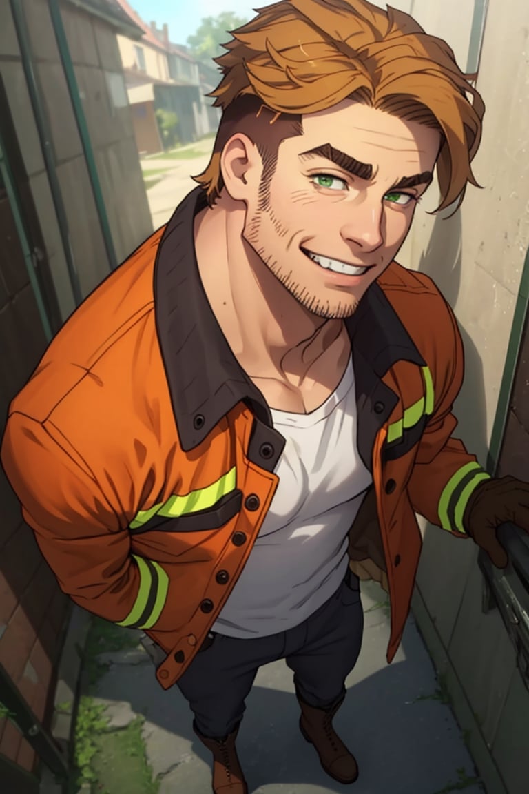 (1 image only), solo male, Gagumber, Sakugan, physical laborer worker, brown hair, two-tone hair, stubble, sideburns, green eyes, thick eyebrows, white tank top, (orange High-visibility jacket), open jacket, green work pants, black boots, black gloves, mature, handsome, charming, alluring, smile, (portrait, close-up), perfect anatomy, perfect proportions, best quality, masterpiece high_resolution, dutch angle, detailed background