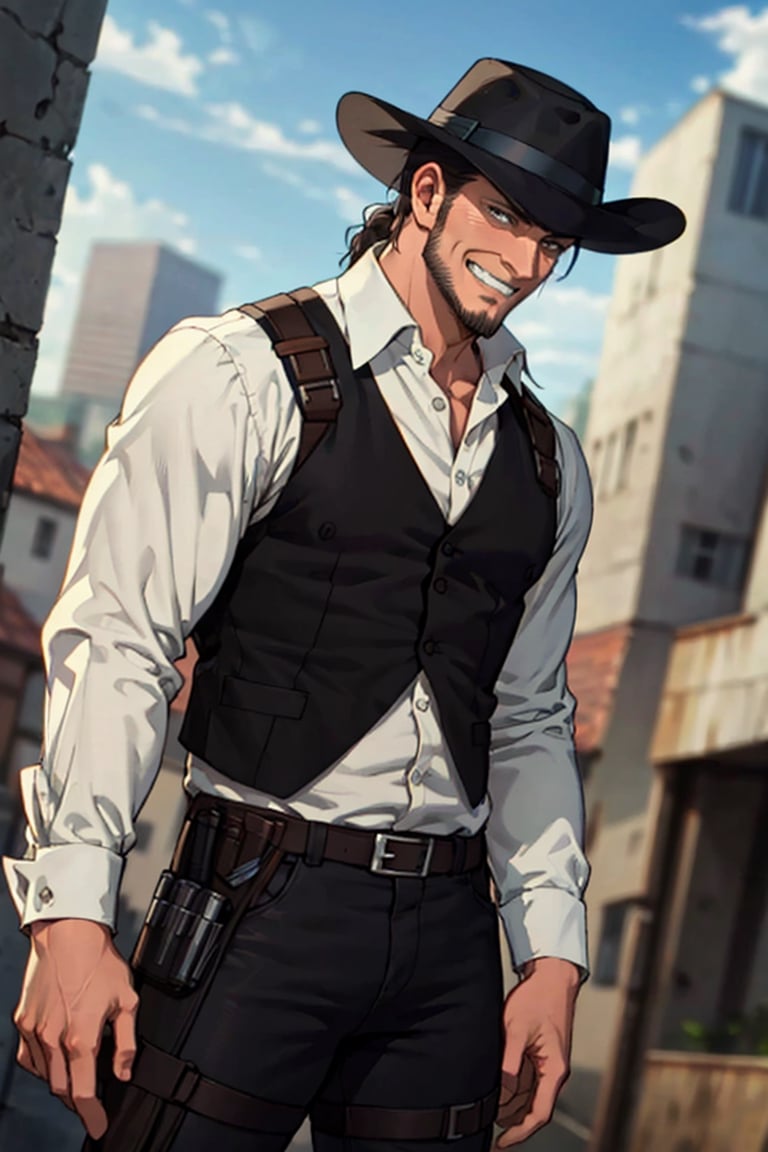 solo male, Kenny Ackerman, Attack on Titan Anime style, brown hair, hair slicked back, grey eyes, sideburns, thin beard along jawline, white collared shirt, long sleeves, simple black vest, black pants, (dark fedora hat), vertical maneuvering equipment, armor, holster, athletic build, middle-age, mature, handsome, charming, alluring, grin, standing, upper body, perfect anatomy, perfect proportions, best quality, masterpiece, high_resolution, dutch angle, cowboy shot, photo background