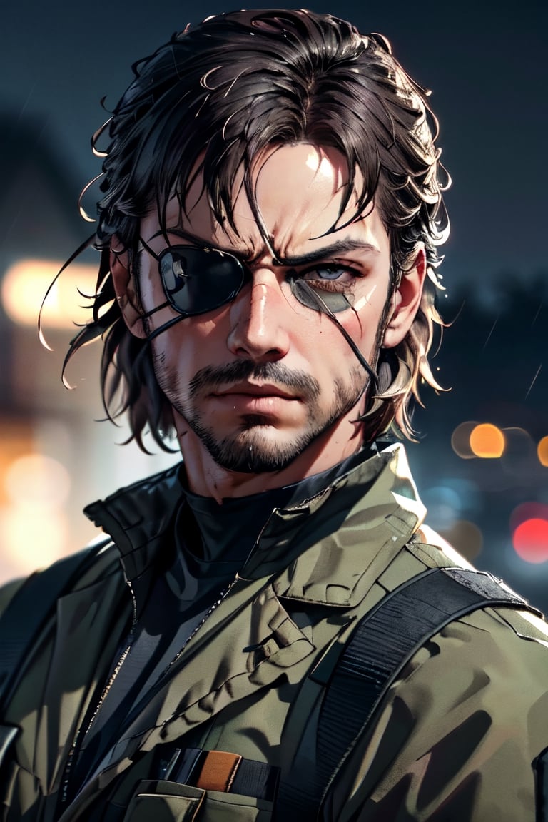 (1 image only), solo male, 1boy, Big Boss, Metal Gear Solid, bslue eyes, brown hair, facial hair, (pure black eyepatch, single eyepatch), (grey wide head band), (exposed hair:1.3), clothing, handsome, mature, charming, alluring, portrait, upper body in frame, perfect anatomy, perfect proportions, 8k, HQ, (best quality:1.2, hyperrealistic:1.2, photorealistic:1.2, masterpiece:1.3, madly detailed photo:1.2), (hyper-realistic lifelike texture:1.2, realistic eyes:1.2), high_resolution, perfect eye pupil, dutch angle, dynamic, action, raining, night, (military base)