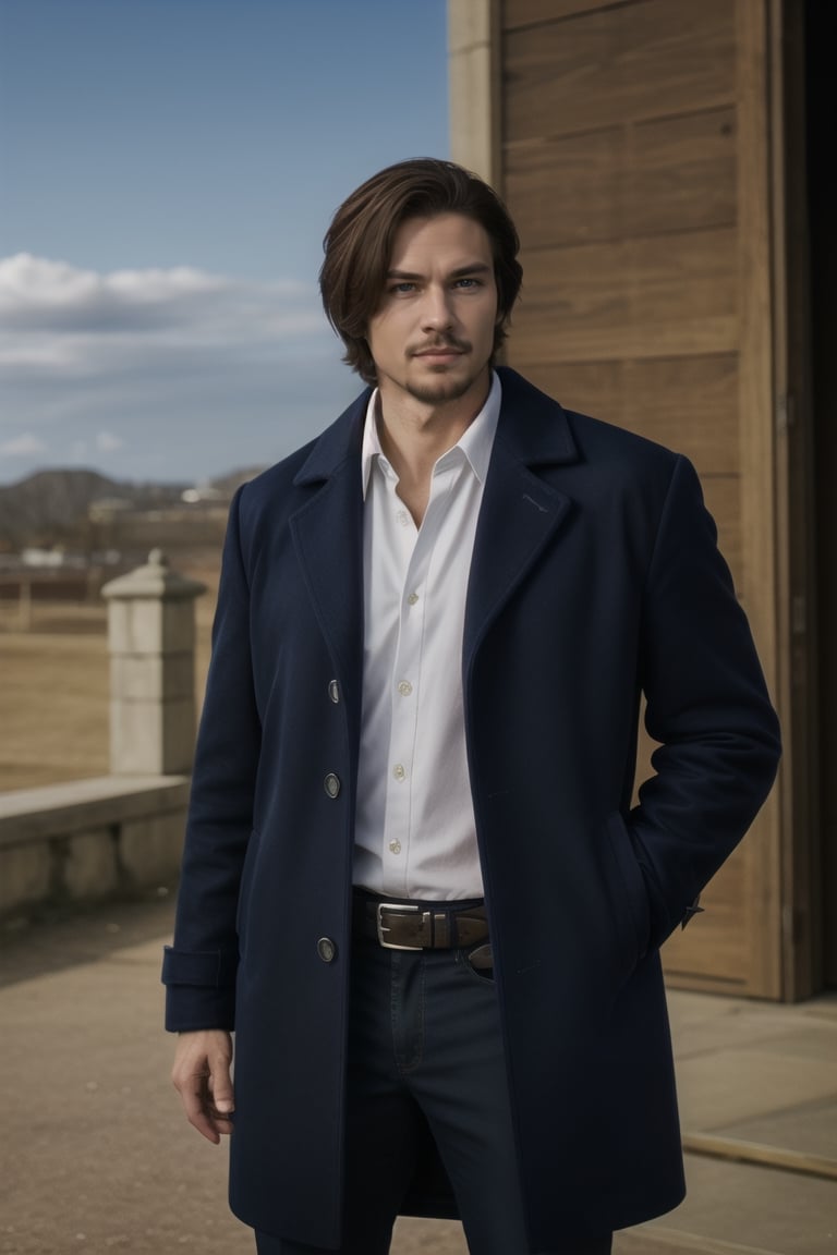 solo male, Graf Granat \(Frieren: Beyond Journey's End\), brown hair, hair parted to one side, facial hair, stubble, blue eyes, sanpaku, white collared shirt, exposed shirt, black pants, matching boots. dark blue coat, open coat, (coat over shoulders), gold epaulettes, mature, handsome, charming, alluring, standing, upper body, perfect anatomy, perfect proportions, best quality, masterpiece, high_resolution, dutch angle, cowboy shot, photo background, palace
,Masterpiece