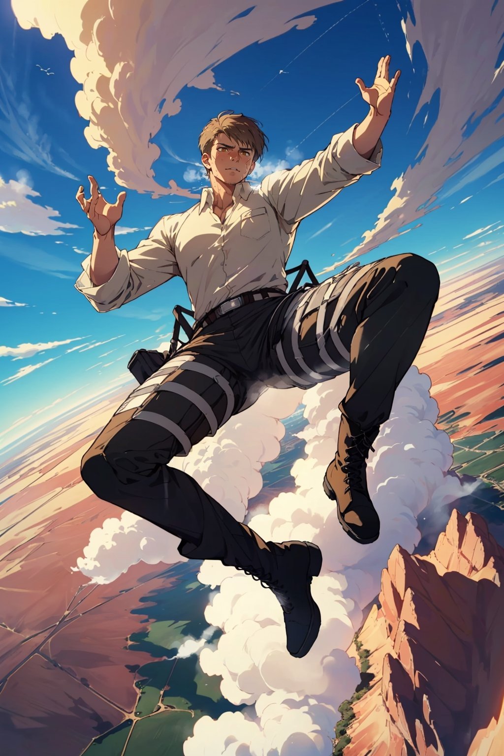 jean_kirstein(brown hair, stubble, light brown eyes), ((pure white collared shirt, fit shirt, black pants, black combat boots)), mature, manly, hunk, charming, alluring, seductive, highly detailed face, detailed eyes, perfect light, ((only 2 legs, perfect legs, perfect fingers)), (floating in the air, flying in very high sky, feet off the ground:1.4), (look behind, recoil, sprint,:1.4), simple background, empty sky with cloud, (best quality), (8k), (masterpiece), best quality, 1 image, perfect anatomy, perfect proportions, perfect perspective, (AttackonTitan, wearing Omni-directional mobility gear:1.2), ((full body in frame)), dutch angle, dynamic, (Hands:1.2), better_hands, (red rock desert in background distant, vast steamy smoke on the ground in far horizon),jean_kirstein