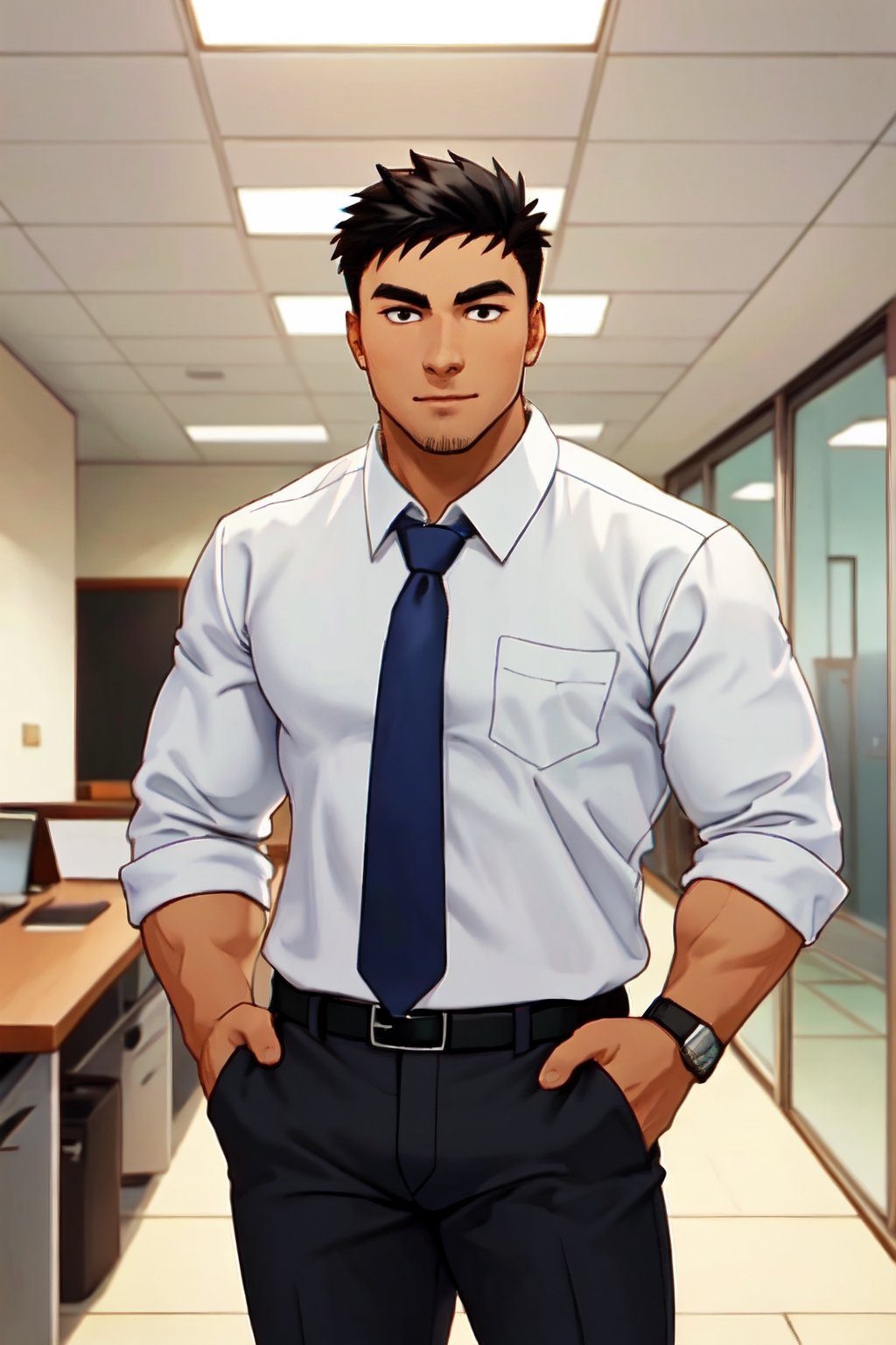 Harumi Takeda, Japanese, stubble on chin, black eyes, black hair, short hair, wore white collared shirt, blue necktie, black pants, masculine, handsome, fit body, handsome, charming, alluring, office, (standing), (upper body in frame), perfect light, perfect anatomy, perfect proportions, perfect perspective, 8k, HQ,  (best quality:1.2, masterpiece:1.2), perfect face, front view, portrait,best quality