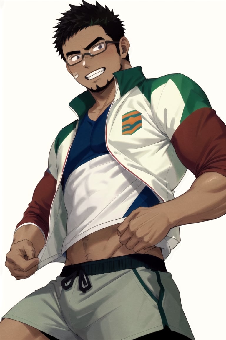 (1 image only), solo male, bara, Kyoichi Ootomo, Live A Hero, Asain, Japanese, athlete, PE teacher, short hair, black hair, green streaked hair, sideburns, black eyes, facial hair, goatee, (wore glasses), tan skin, white bandaid on nose, white t-shirt, ((pure green athletic jacket, open jacket)), grey shorts, sneakers, grin, mature, handsome, charming, alluring, standing, upper body, perfect anatomy, perfect proportions, (best quality, masterpiece), (perfect eyes, perfect eye pupil), perfect hands, high_resolution, dutch angle, school sports ground,(1man),best quality