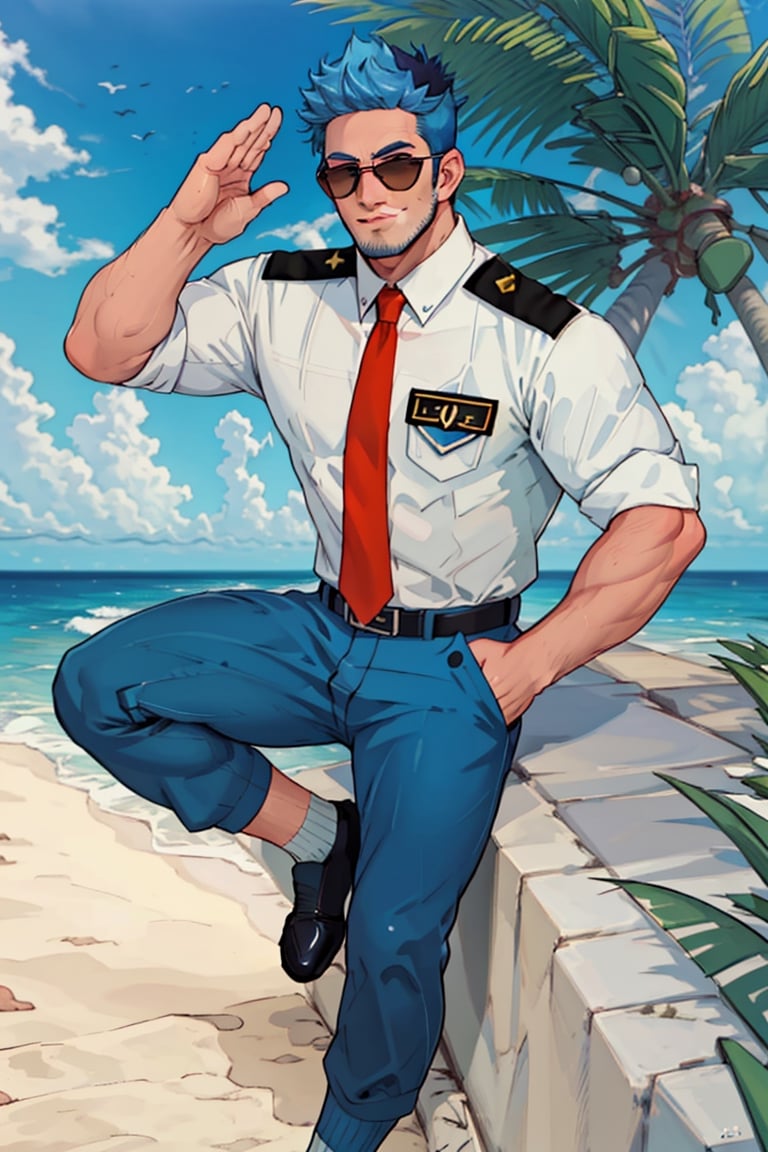 (1 image only), solo male, Wilbur, Animal Crossing, personification, pure blue hair, short hair, black eyes, blue facial hair, jawline stubble, aviation pilot uniform, white collor shirt, red necktie, epaulette, aviator sunglasses, blue pants, socks, black footwear, mature, dilf, bara, handsome, charming, alluring, grin,close-up,portrait, hand in pocket, (two-finger salute:1.2), perfect anatomy, perfect proportions, (best quality, masterpiece), (perfect eyes, perfect eye pupil), perfect hands, high_resolution, dutch angle, seaside, summer