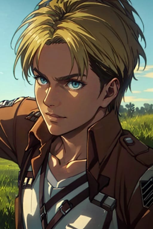 1girl, solo, Nanaba, Attack on Titan, blue eyes, wore standard Survey Corps uniform with a light-colored v-neck underneath, (blond hair) short light hair, petite build, beautiful, handsome, charming, alluring, gentle expression, soft expression, calm, smile (standing), (upper body in frame), simple background, green plains, sky, dawn light, cinematic light, perfect anatomy, perfect proportions, 8k, HQ, HD, UHD, (best quality:1.5, hyperrealistic:1.5, photorealistic:1.4, madly detailed CG unity 8k wallpaper:1.5, masterpiece:1.3, madly detailed photo:1.2), (hyper-realistic lifelike texture:1.4, realistic eyes:1.2), picture-perfect face, perfect eye pupil, detailed eyes, dynamic, dutch angle, (sode view), AttackonTitan
