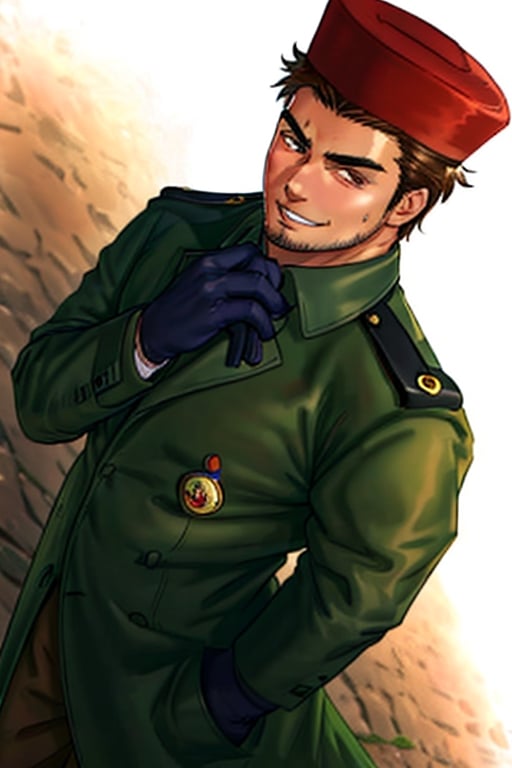 (1 image only), solo male, 1boy, Sadik Adnan, Turkey, Hetalia: Axis Powers, Turkish male, olive-skinned, facial hair, chinstrap stubble, sideburns, shaved philtrum, hairless philtrum, brown eyes, thick dark eyebrows, brown hair, short hair, long green coat, brown pants, knee-high boots, tan scarf, black gloves, grin, handsome, mature, charming, alluring, upper body in frame, perfect anatomy, perfect proportions, 8k, HQ, (best quality:1.2, hyperrealistic:1.2, photorealistic:1.2, masterpiece:1.3, madly detailed photo:1.2), (hyper-realistic lifelike texture:1.2, realistic eyes:1.2), high_resolution, perfect eye pupil, dutch angle,perfecteyes, red fez hat