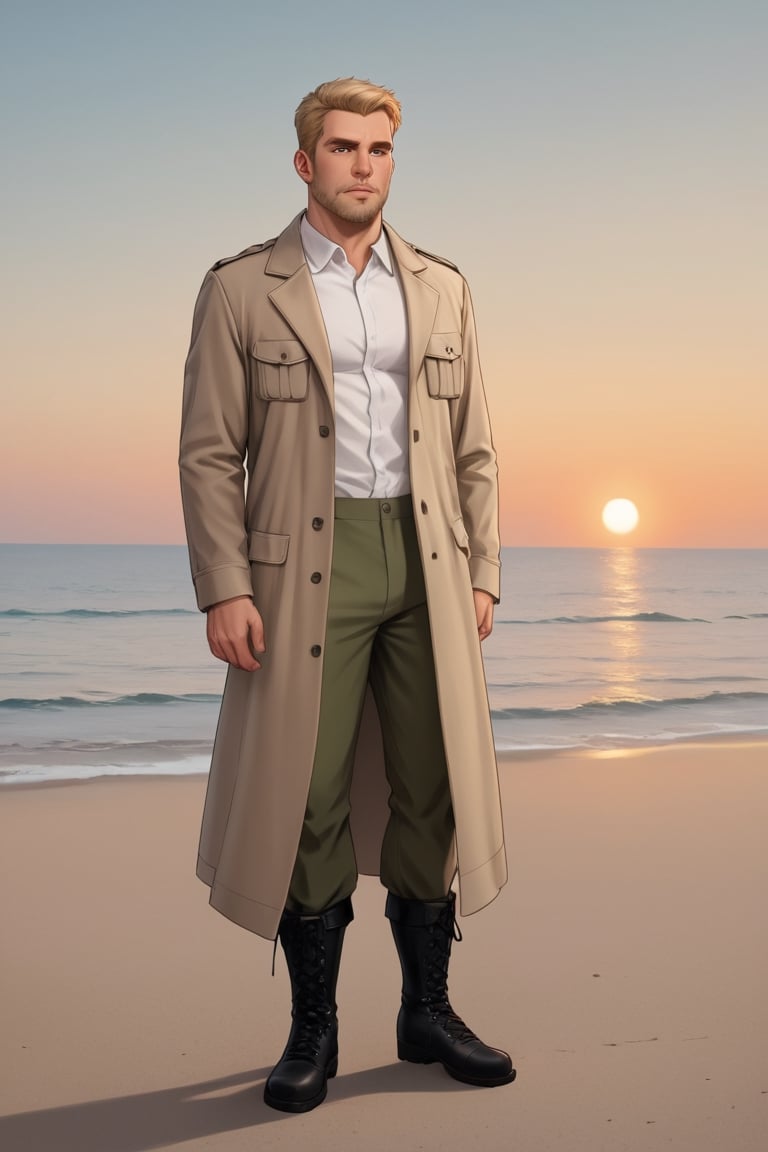 score_9, score_8_up, score_7_up, solo male, Reiner Braun, blond hair, short hair, flat hair (facial hair, stubble:1.1), hazel eyes, thin eyebrows, tall, white collared shirt, light-brown trench coat, (open coat:1.2), military green pants, black combat boots, handsome, charming, alluring, dejected, depressed, looking at outside, (full body), perfect anatomy, perfect proportions, best quality, masterpiece, high_resolution, cowboy shot, (perfect face, perfect eyes:1.3), 1910s harbor background, sunset on the sea, nightfall, orange sky