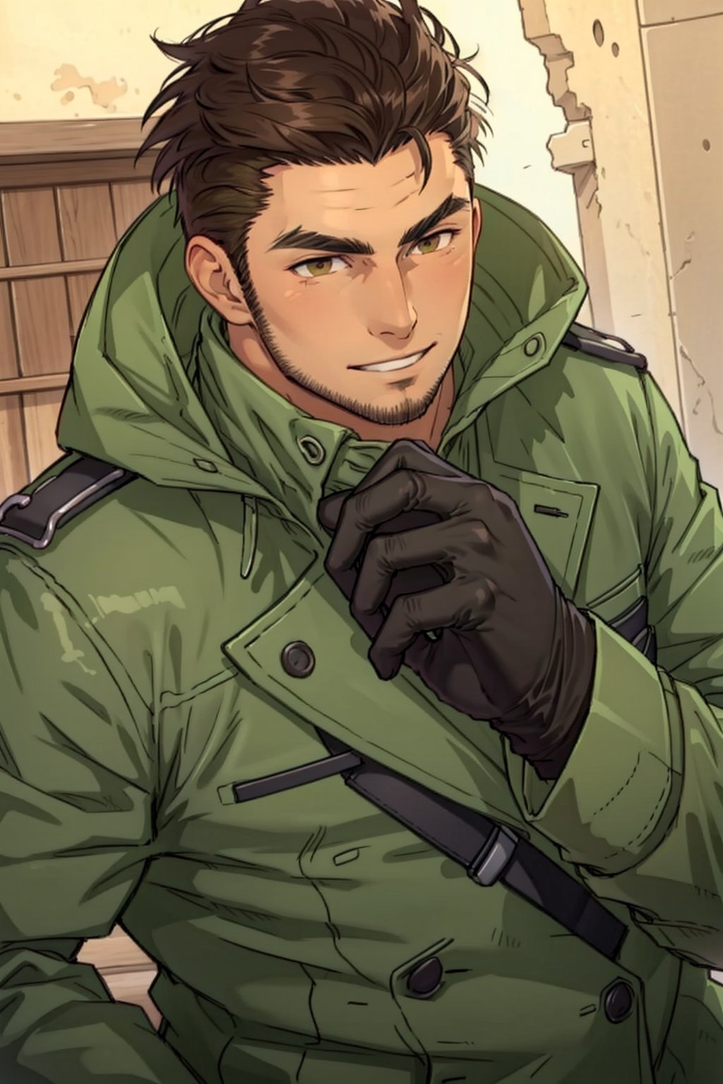 (1 image only), (solo male), 1boy, Sadik Adnan, Turkey, Hetalia: Axis Powers, Turkish male, olive-skinned, facial hair, chinstrap stubble, sideburns, shaved philtrum, hairless philtrum, brown eyes, thick dark eyebrows, brown hair, short hair, long green military trench coat with green hood, brown pants, knee-high boots, black gloves, grin, handsome, mature, charming, alluring, upper body, perfect anatomy, perfect proportions, 8k, HQ, (best quality:1.2, masterpiece:1.3), high_resolution, perfect eye pupil, dutch angle, perfecteyes, Hagia sophia loction, building, 2d, flat, cartoon, (Hands:1.1), better_hands