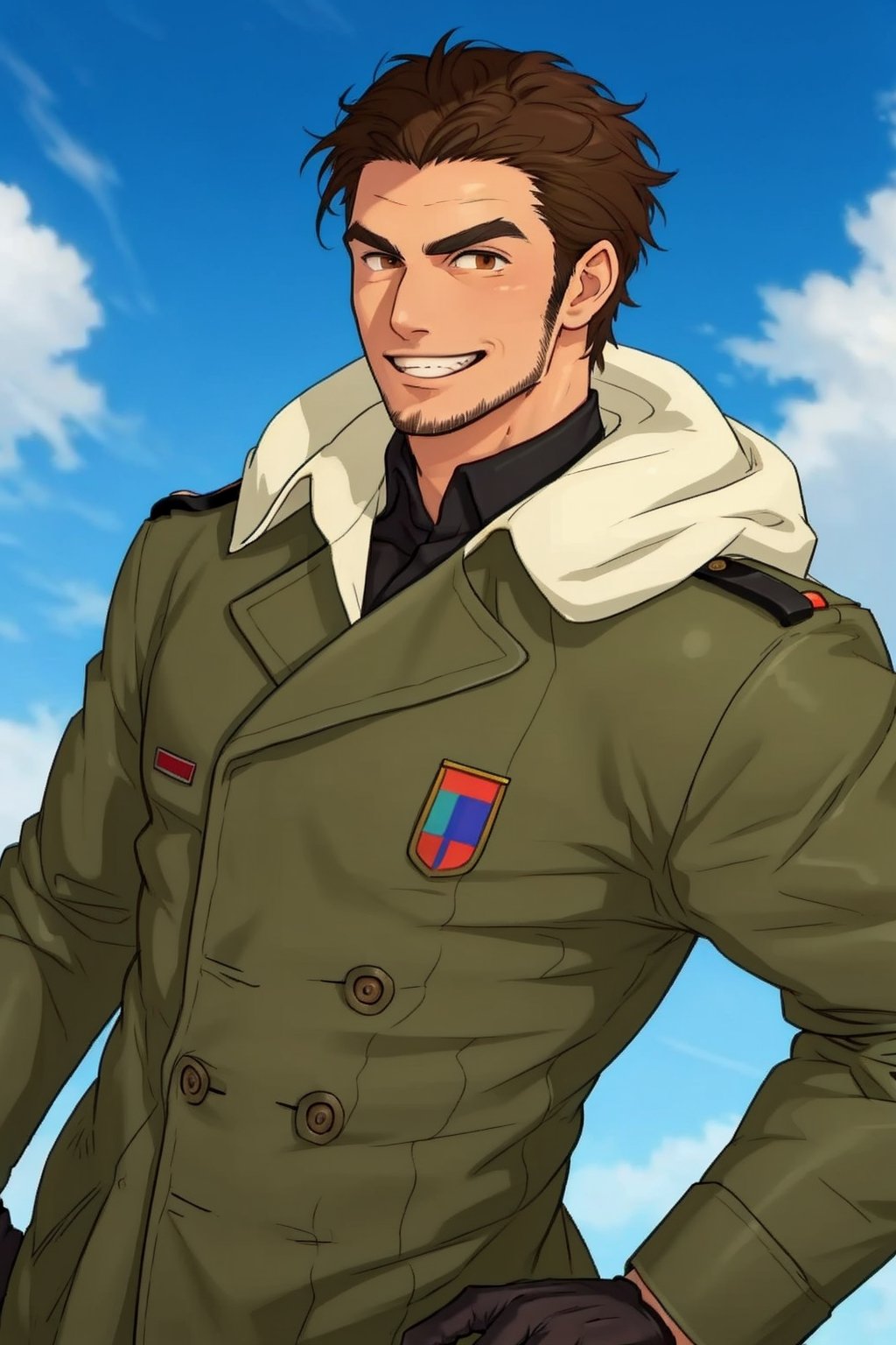 (1 image only), (solo male), 1boy, Sadik Adnan, Turkey, Hetalia: Axis Powers, Turkish male, olive-skinned, facial hair, chinstrap stubble, sideburns, shaved philtrum, hairless philtrum, brown eyes, thick dark eyebrows, brown hair, short hair, long green military trench coat with hood, brown pants, knee-high boots, black gloves, grin, handsome, mature, charming, alluring, upper body, perfect anatomy, perfect proportions, 8k, HQ, (best quality:1.2, masterpiece:1.3), high_resolution, perfect eye pupil, dutch angle, perfecteyes, Hagia sophia loction, ANIME, 2d, flat, cartoon, (Hands:1.1), better_hands