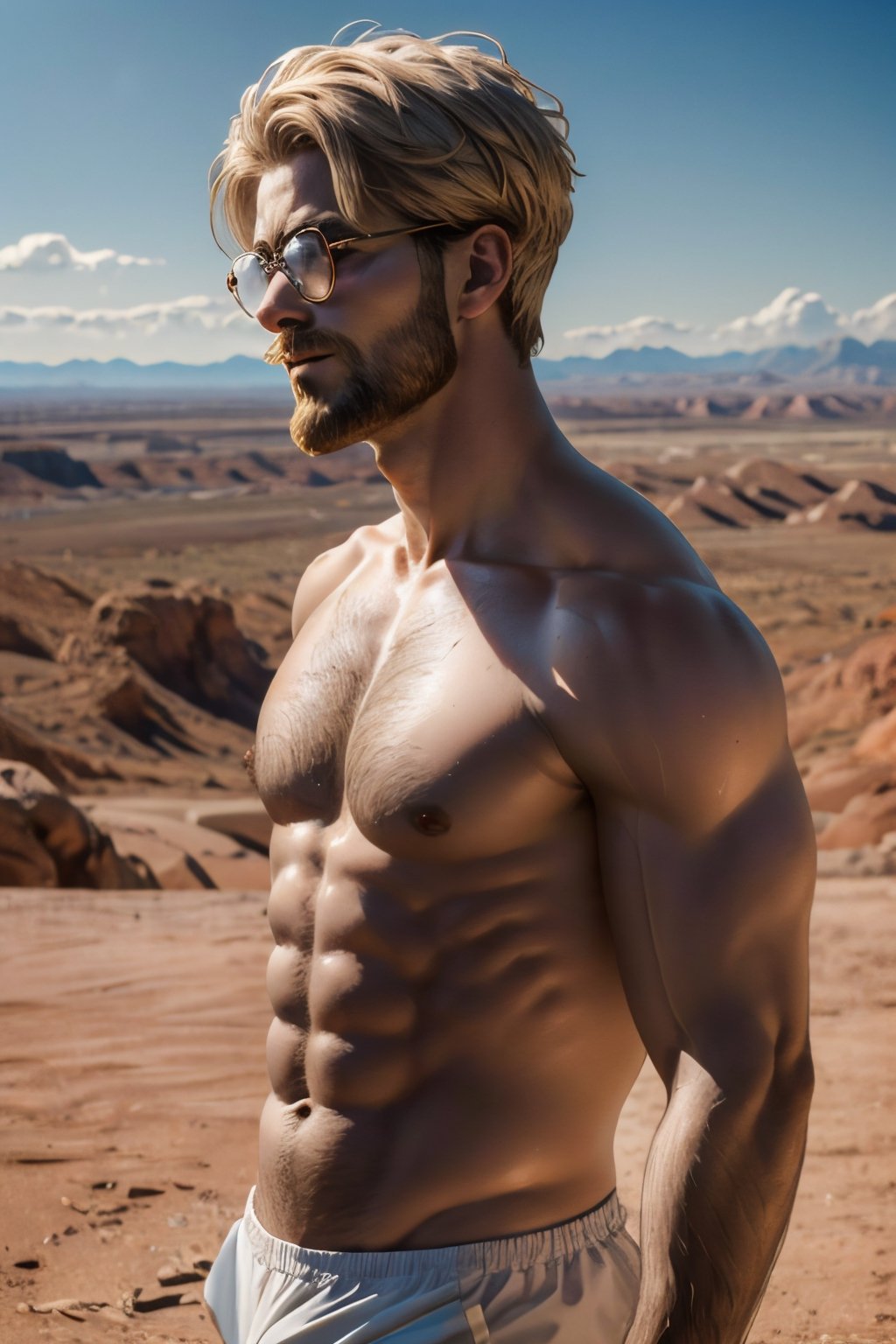 Zeke Yeager, blonde hair, grey-blue eyes, glasses, beard, fit body, (topless), nude, (perfect male body, muscular), hairy body, abs, hourglass body shape, mature, DILF, masculine, virile, charming, alluring, calm eyes, (standing), (upper body in frame), in very high sky, (red rock desert in background distant, vast steamy smoke on the ground in far horizon), perfect light, only1 image, perfect anatomy, perfect proportions, perfect perspective, 8k, HQ, (best quality:1.5, hyperrealistic:1.5, photorealistic:1.4, madly detailed CG unity 8k wallpaper:1.5, masterpiece:1.3, madly detailed photo:1.2), (hyper-realistic lifelike texture:1.4, realistic eyes:1.2), picture-perfect face, perfect eye pupil, detailed eyes, realistic, HD, UHD, (front view, symmetrical picture, vertical symmetry:1.2), look at viewer, Vline, scruffy, (sweaty, shiny skin), Portrait