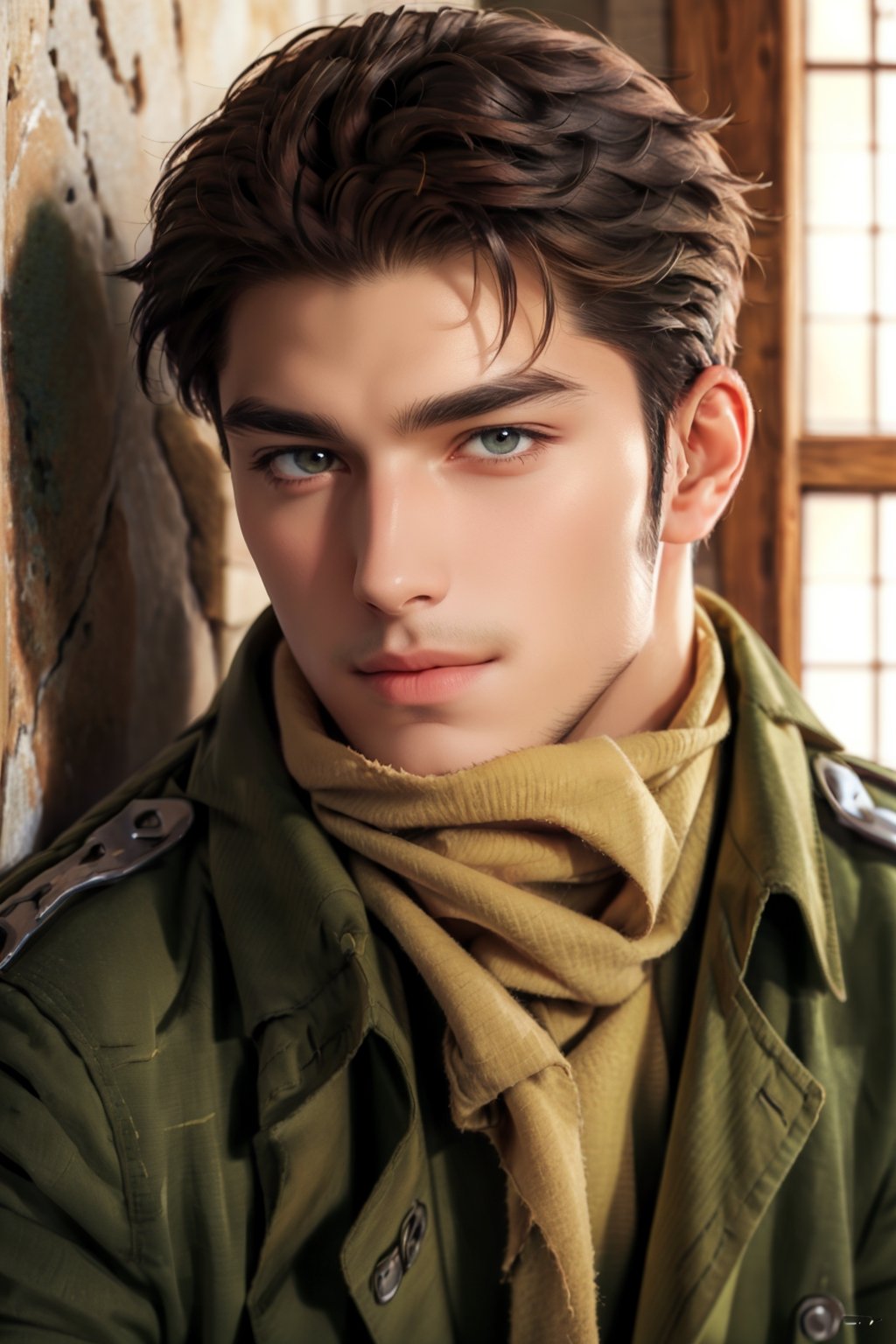 (1 image only), (solo male), 1boy, Sadik Adnan, Turkey, Hetalia: Axis Powers, Turkish male, olive-skinned, (facial hair, chinstrap stubble:1.2), sideburns, brown hair, short hair, (bare forehead), grin, (tan color scarf), long green military trench coat, brown pants, knee-high boots, black gloves, handsome, mature, charming, alluring, (portrait), upper body, perfect anatomy, perfect proportions, 8k, HQ, (best quality:1.2, hyperrealistic:1.2, photorealistic:1.2, masterpiece:1.3, madly detailed photo:1.2), (hyper-realistic lifelike texture:1.2, realistic eyes:1.2), high_resolution, perfect eye pupil, (standing), perfecteyes, Hagia sophia, Istanbul loction, Islamic building, better_hands, perfecteyes