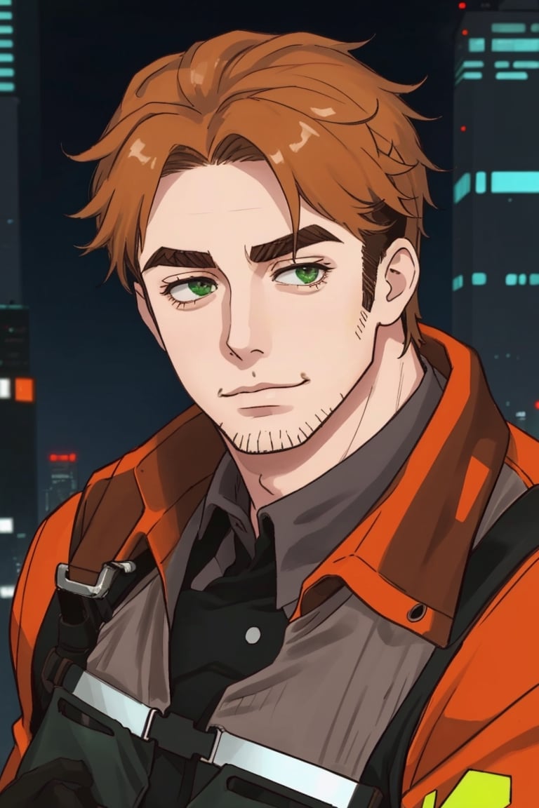 (1 image only), solo male, Gagumber, Sakugan, physical laborer worker, brown hair, two-tone hair, stubble, green eyes, thick eyebrows, (white tank top), (orange High-visibility jacket), open jacket, green work pants, black boots, black gloves, mature, handsome, charming, alluring, smirk, ((portrait, close-up)), perfect anatomy, perfect proportions, high_resolution, dutch angle, detailed background, cyberpunk city