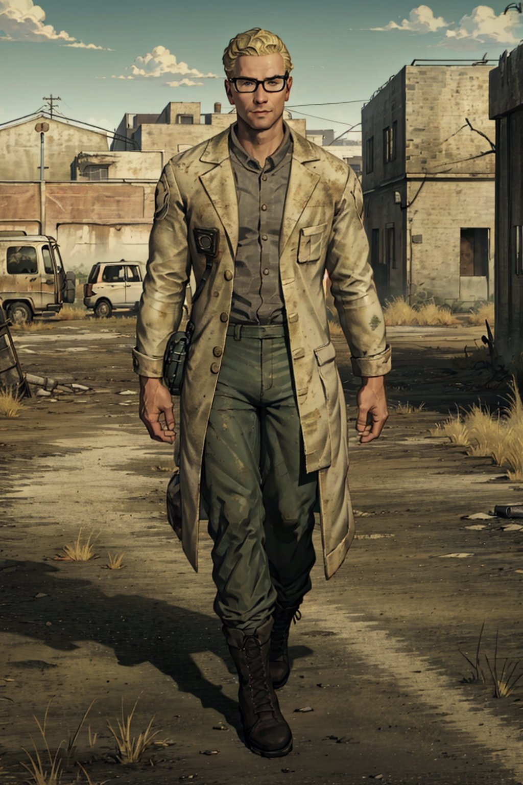 1boy, solo, Arcade Gannon, Fallout: New Vegas, doctor, scientist, 35 yrars old, tall, blonde hair, short hair, green eyes, wore glasses, handsome, grey collared shirt, white lab coat, military green pants, black combat boots, perfect anatomy, perfect proportions, 8k, HD, HQ, (best quality:1.2, masterpiece, madly detailed photo), detailed, perfect face, perfect eye pupil, detailed eyes, high_resolution,perfecteyes, Fallout: New Vegas location, Mojave Wasteland, post-apocalyptic ruins, desolated landscape, dark blue sky