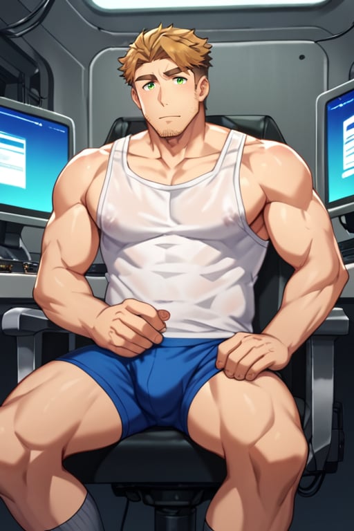 score_9, score_8_up, score_7_up, score_6_up, perfect anatomy, perfect proportions, best quality, masterpiece, high_resolution, high quality, solo male, Gagumber \(Sakugan\), brown hair, two-tone hair, sideburns, facial hair, stubble, green eyes, thick eyebrows, white tank top, blue bengal stripe boxer, loosee boxer, grey socks, bare tights, bare legs, legs hair, leg_spread, sitting, mecha cockpit, operator's seat, mecha joystick, multiple monitor screen, science fiction, adult, mature, masculine, manly, handsome, charming, alluring, upper body, dutch angle, cowboy shot, 