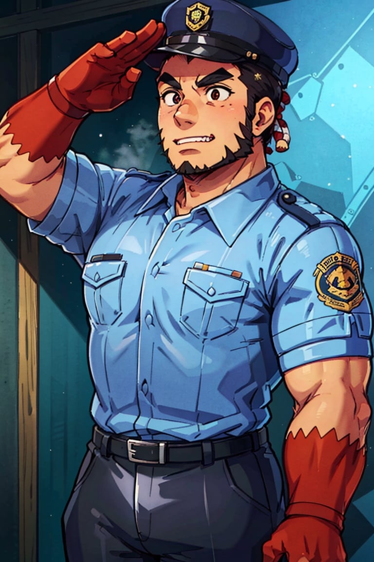 (1 image only), solo male, bara, Tajikarao, Tokyo Afterschool Summoners, Asain, Japanese, dark hair, short hair, thick eyebrows, sideburns, facial hair, beard, fangs. Japanese police uniform, Japanese, police hat, aqua-color collared shirt, black pants, mature, handsome, charming, alluring, standing, upper body in frame, perfect anatomy, perfect proportions, 2d, anime, (best quality, masterpiece), (perfect eyes, perfect eye pupil), high_resolution, dutch angle, Tokyo city street, better_hands, salute, red hands, Shide 
,perfecteyes, black eyes