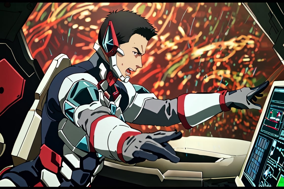 score_9,score_8_up,score_7_up, solo male, Isami Ao, black hair, (short hair, neat hair, bare forehead:1.3), brown eyes, sanpaku, constricted pupils, Bang Bravern bodysuit, mandible guard, tactical gloves, mecha cockpit, (upper body), close up, from side, mature, handsome, charming, alluring, masculine, serious, intense eyes, v-shaped eyebrows, open mouth, shout, mad, passionate, look outside, leaning forward, (outstretched arms, outstretched legs), (feet out of frame:1.3), (palm down, holdings throttles) , sitting in huge industrial mecha, mecha cockpit, operator's seat, throttle, joystick, seatbelt, multiple monitor screen, perfect anatomy, perfect proportions, best quality, masterpiece, high_resolution, dutch angel, cowboy shot, photo background, science fiction, mecha, multiple monitors, cinematic, war, mecha, robot, cinematic still, emotional, harmonious, bokeh, cinemascope, moody, epic, gorgeous, inside the mecha, BREAK (emphasis lines, motion lines, motion blur)