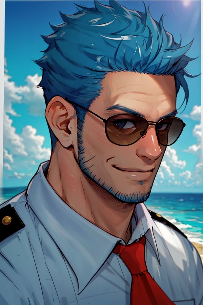 (1 image only), solo male, Wilbur, Animal Crossing, personification, pure blue hair, short hair, black eyes, blue facial hair, jawline stubble, aviation pilot uniform, white collor shirt, red necktie, epaulette, aviator sunglasses, mature, dilf, bara, handsome, charming, alluring, smile,(close-up,portrai), perfect anatomy, perfect proportions, (best quality, masterpiece), (perfect eyes, perfect eye pupil), high_resolution, dutch angle, seaside, summer,1boy