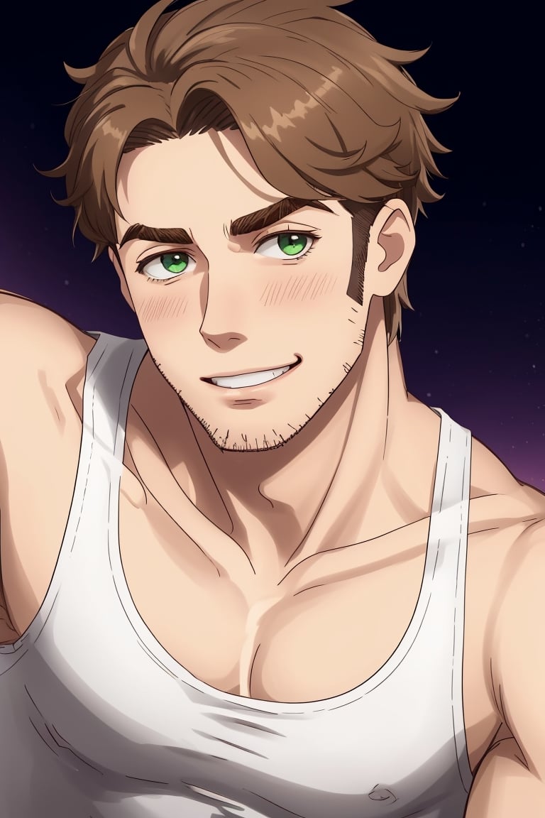 (1 image only), solo male, Gagumber, Sakugan, physical laborer worker, brown hair, two-tone hair, stubble, green eyes, thick eyebrows, ((white tank top)) , bare shoulder, bare neck, green work pants, black boots, black gloves, mature, handsome, charming, alluring, smile, blush, standing, ((portrait, close-up)), perfect anatomy, perfect proportions, high_resolution, detailed background, steampunk city