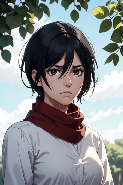Mikasa Ackerman(black hair,:1.2), (black eyes:1.2), fit body, red scarf, pure white collared shirt, charming, alluring, dejected, depressed, sad, (standing), (upper body in frame), simple background, under the tree, shadows of leaves , cloudy blue sky, medieval european towns in distant, green plains, only 1 image, perfect anatomy, perfect proportions, perfect perspective, 8k, HQ, (best quality:1.5, hyperrealistic:1.5, photorealistic:1.4, madly detailed CG unity 8k wallpaper:1.5, masterpiece:1.3, madly detailed photo:1.2), (hyper-realistic lifelike texture:1.4, realistic eyes:1.2), picture-perfect face, perfect eye pupil, detailed eyes, realistic, HD, UHD, (front view, symmetrical picture, vertical symmetry:1.2), look at viewer, tear in eyes