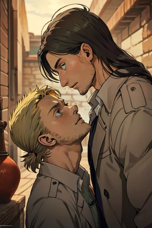 couple, ((2people)), first man giver(Eren Jaeger, ,erenad, black hair, long hair, long straight hair, hair down, stubble, grey-green eyes:1.3), second mature man receiver(reiner braun, blond hair, short hair, stubble, hazel eyes:1.3), (uniform, white collared shirt, opem brown trench coat:1.2), (different hair style, different hair color, different face, same height:1.5), makeout, eye contact, gay, homo, slight shy, charming, alluring, seductive, highly detailed face, detailed eyes, perfect light, 1930s military red brick basement, retro, oil lamp light outside frame, (best quality), (8k), (masterpiece), best quality, 1 image, manly, perfect anatomy, perfect proportions, perfect perspective 