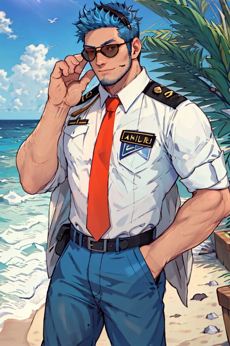 (1 image only), solo male, Wilbur, Animal Crossing, personification, blue hair, short hair, black eyes, blue facial hair, jawline stubble, aviation pilot uniform, white collor shirt, red necktie, epaulette, aviator sunglasses, (black aviator headset), blue pants, socks, black footwear, , bandaid on nose, mature, dilf, bara, handsome, charming, alluring, smile, standing, upper body, hand in pocket, perfect anatomy, perfect proportions, (best quality, masterpiece), (perfect eyes, perfect eye pupil), perfect hands, high_resolution, dutch angle, cowboy shot, seaside, summer