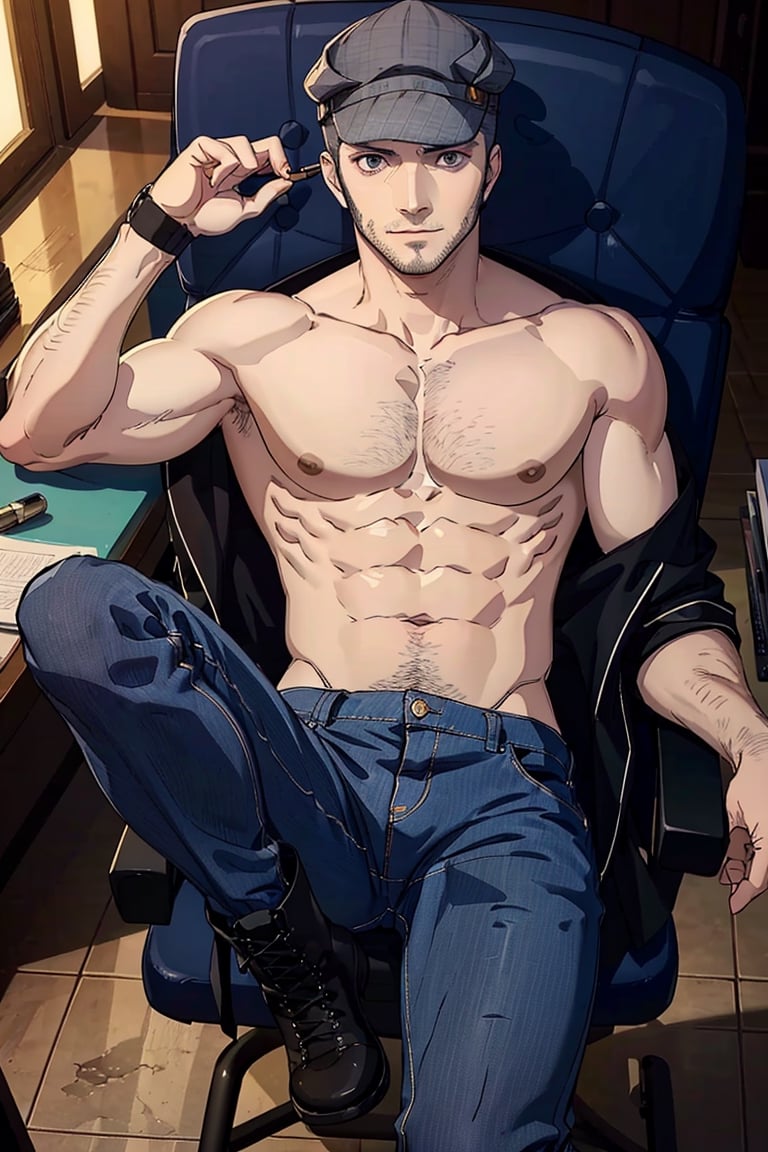 (1 image only), solo male, Munehisa Iwai,  Persona, Asian, Japanese, Weapons Dealer, grey hair, short hair, (grey pin-striped cap:1.2), stubble, grey eyes, sideburns, topless, bare neck, bare chest, bare belly, bare abdomen
, bare shoulder, simple blue jeans, black leather boots, mature, masculine, handsome, charming, alluring, lying on chair, (foot on desk), holding lollipop, smirk, pov, perfect anatomy, perfect proportions, (best quality, masterpiece), (perfect eyes), high_resolution, dutch angle, [cowboy shot], weapon workshop, slight spread legs